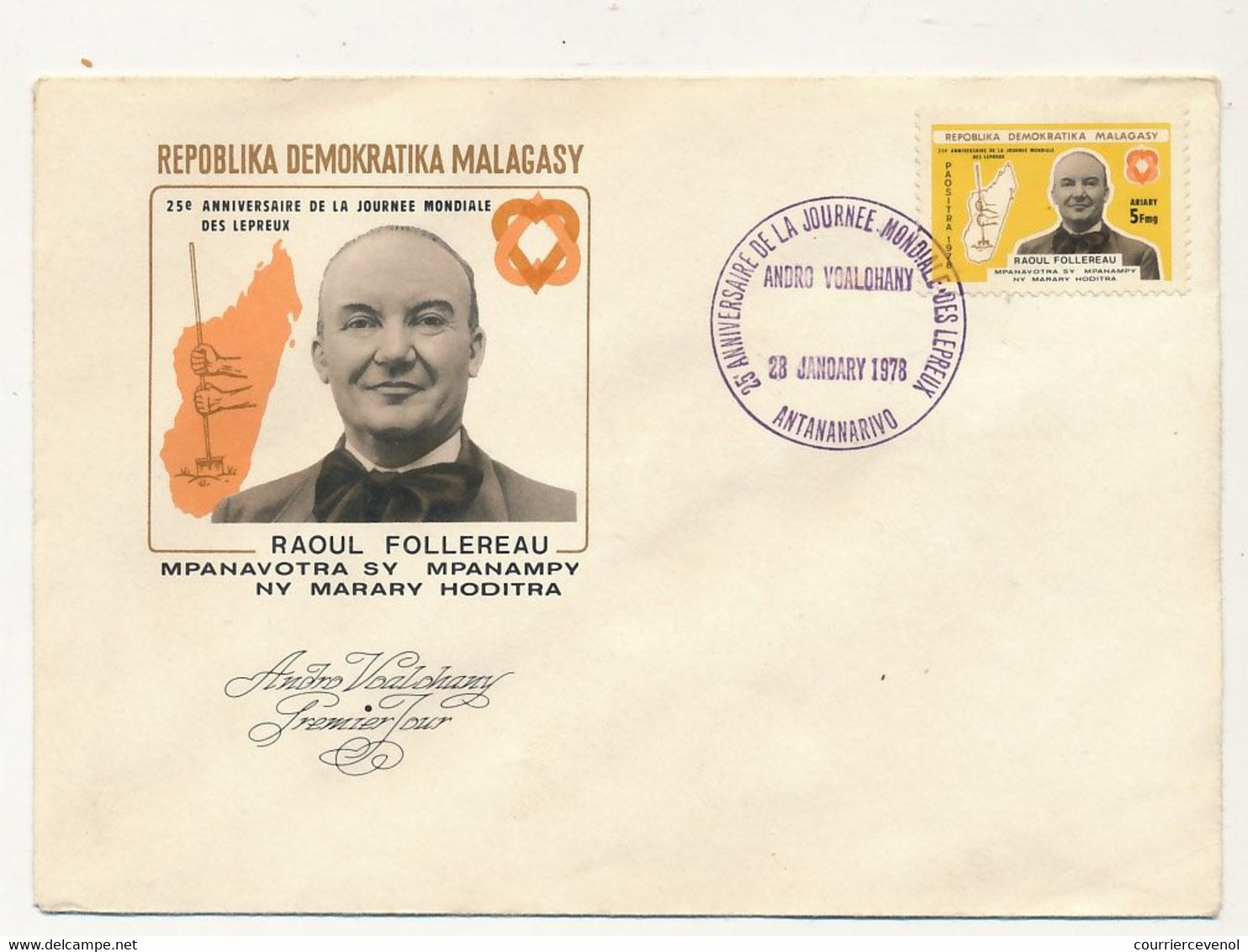 MADAGASCAR - Enveloppe FDC - Raoul Follereau / Journée Mondiale Des Lépreux  - 1er Jour Antananarivo 23/1/1978 - Madagascar (1960-...)