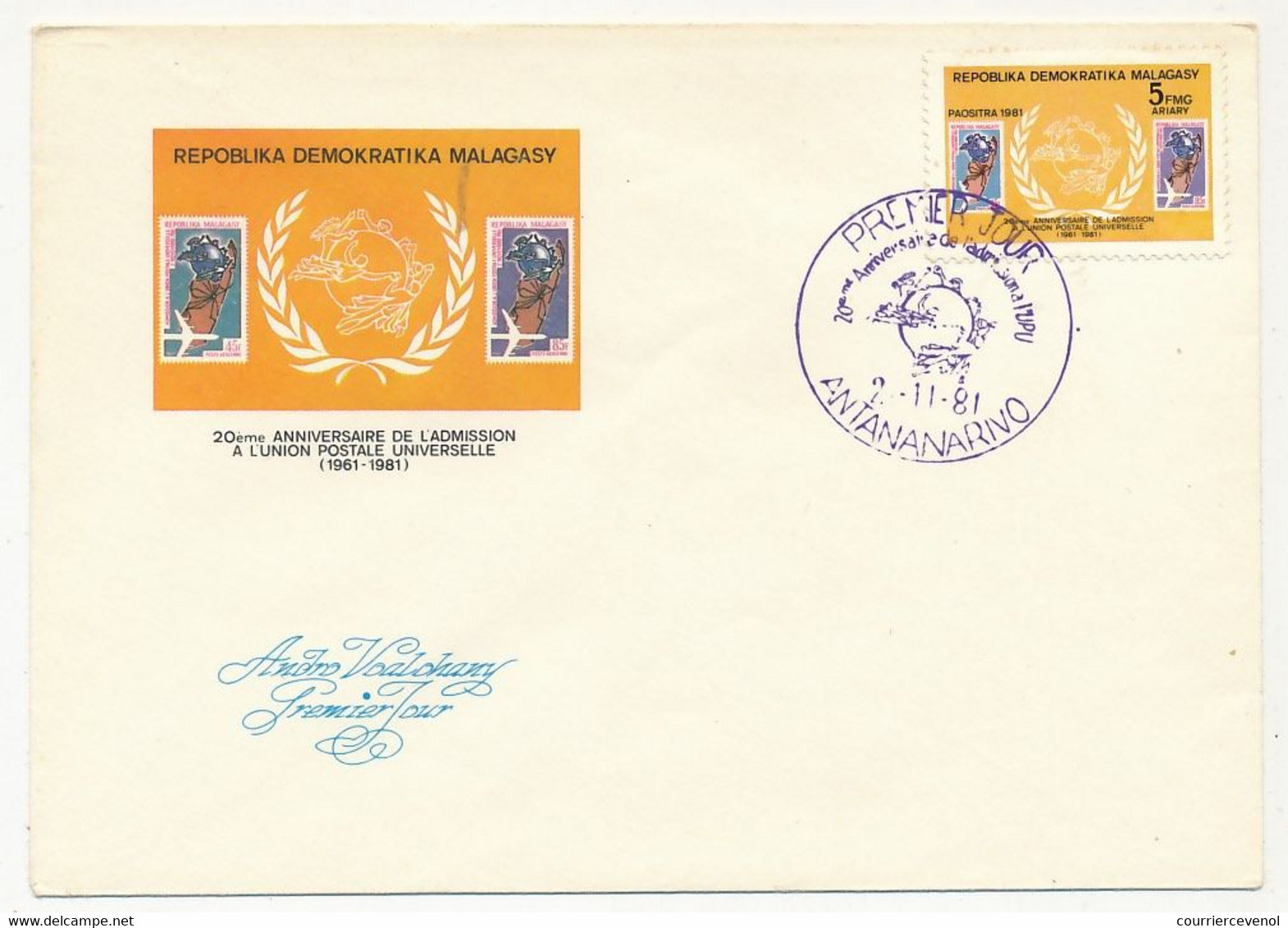 MADAGASCAR - Enveloppe FDC - 20eme Anniversaire Union Postale Universelle - 1er Jour Antananarivo 2/11/1981 - Madagaskar (1960-...)