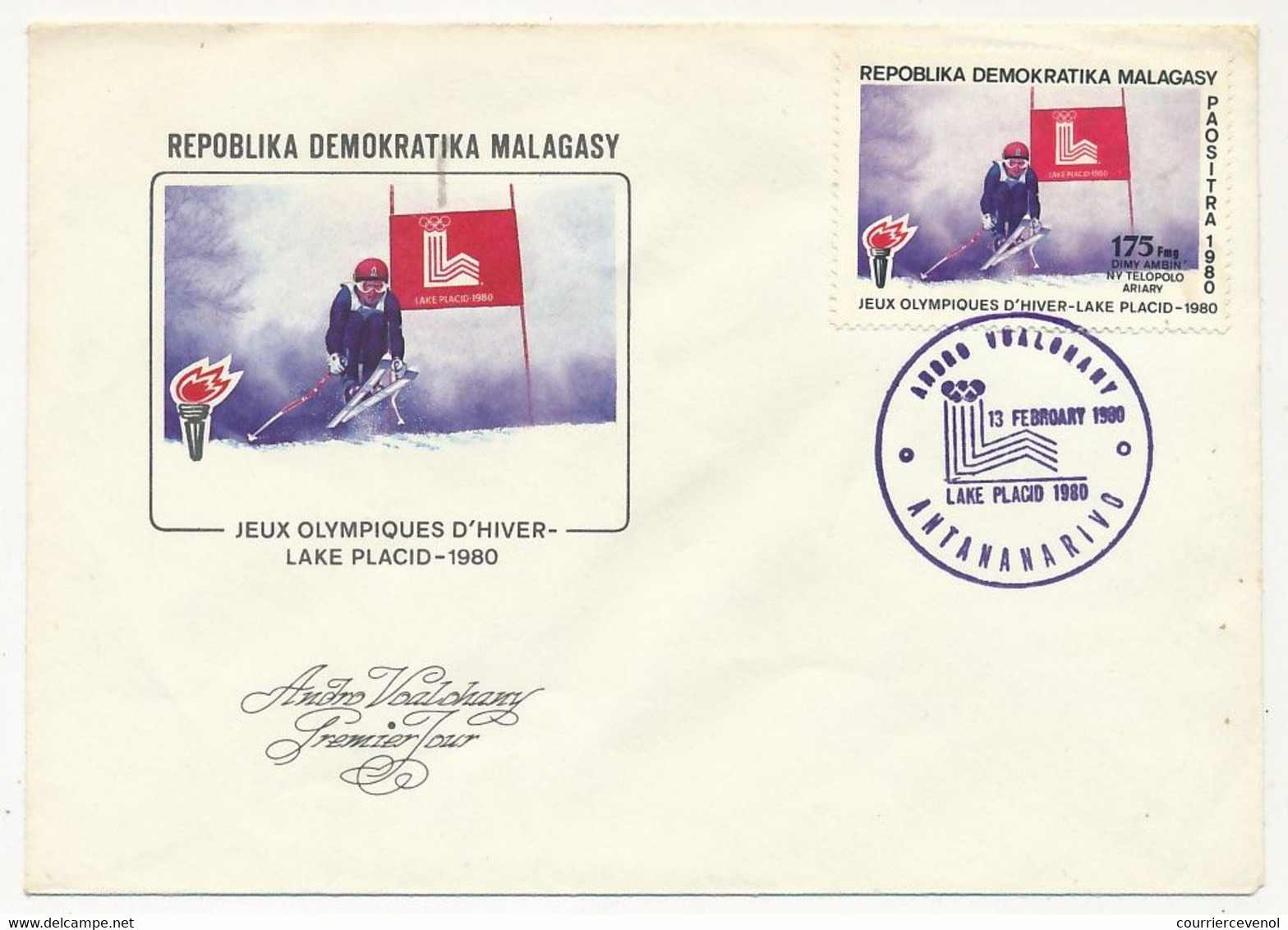 MADAGASCAR - Enveloppe FDC - Jeux Olympiques D'Hiver LAKE PLACID 1980 - 1er Jour Antananarivo 13/2/1980 - Madagascar (1960-...)