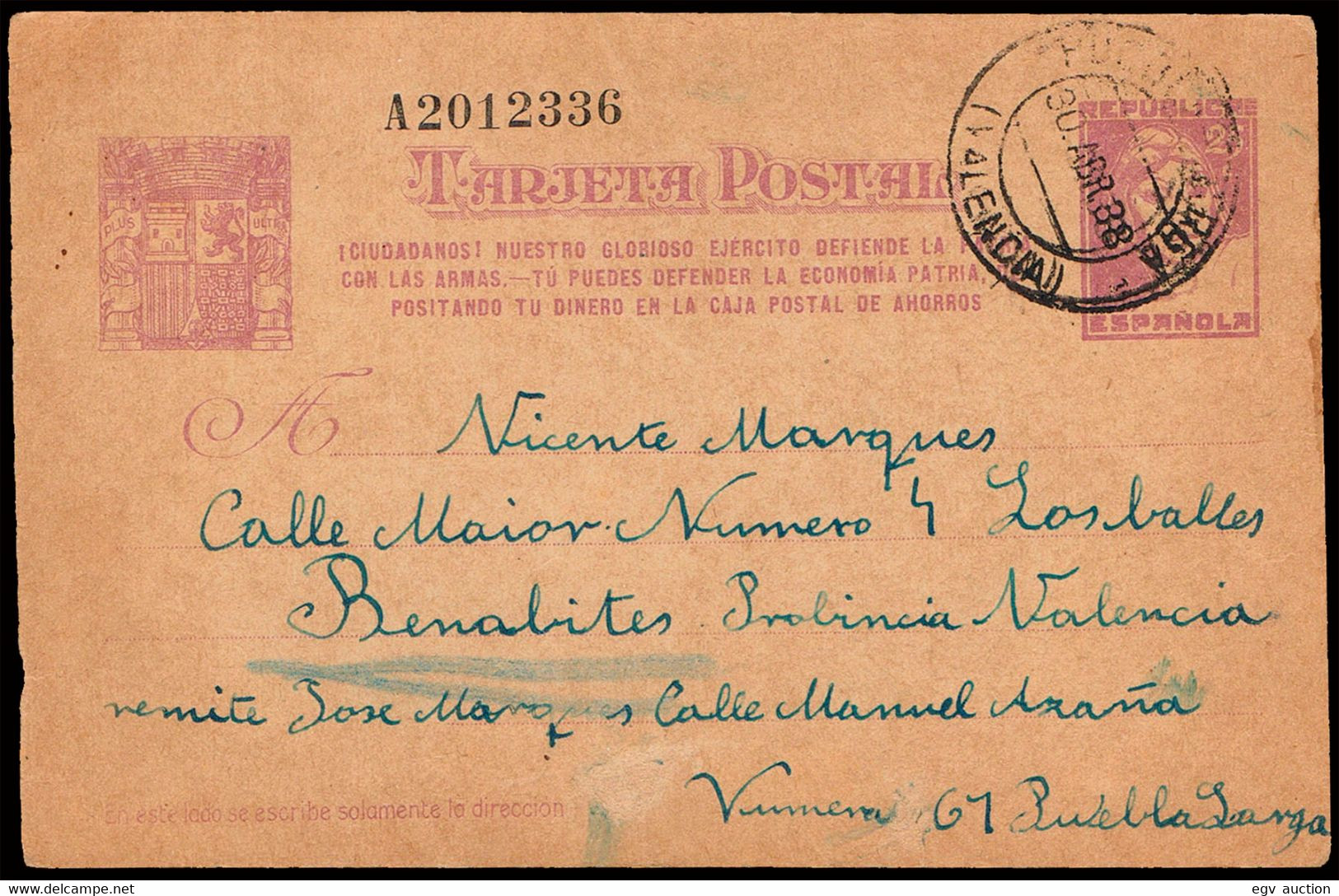 Valencia - Guerra Civil - Edi O EP 80N - Entero Postal Texto "Ciudadanos Nuestro..." Mat "Puebla Larga 30/4/38" - 1931-....