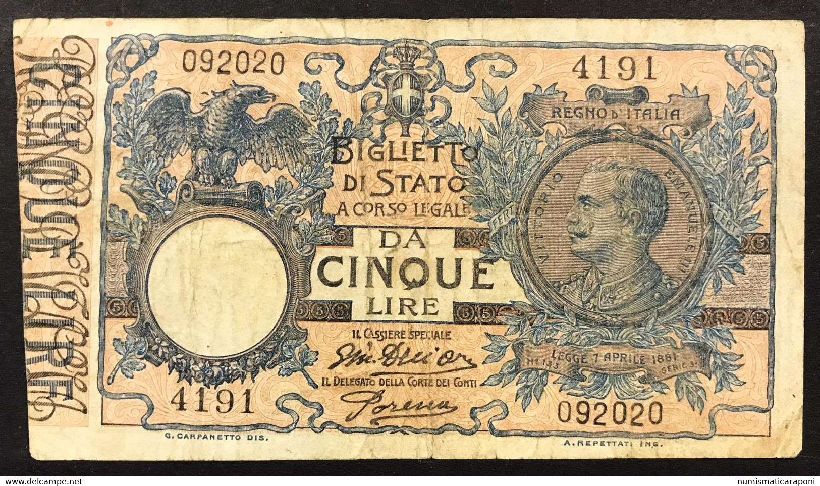 5 Lire Vittorio Emanuele III 29 07 1918 Giù Dell'ara Porena  LOTTO 4180 - Italia – 5 Lire