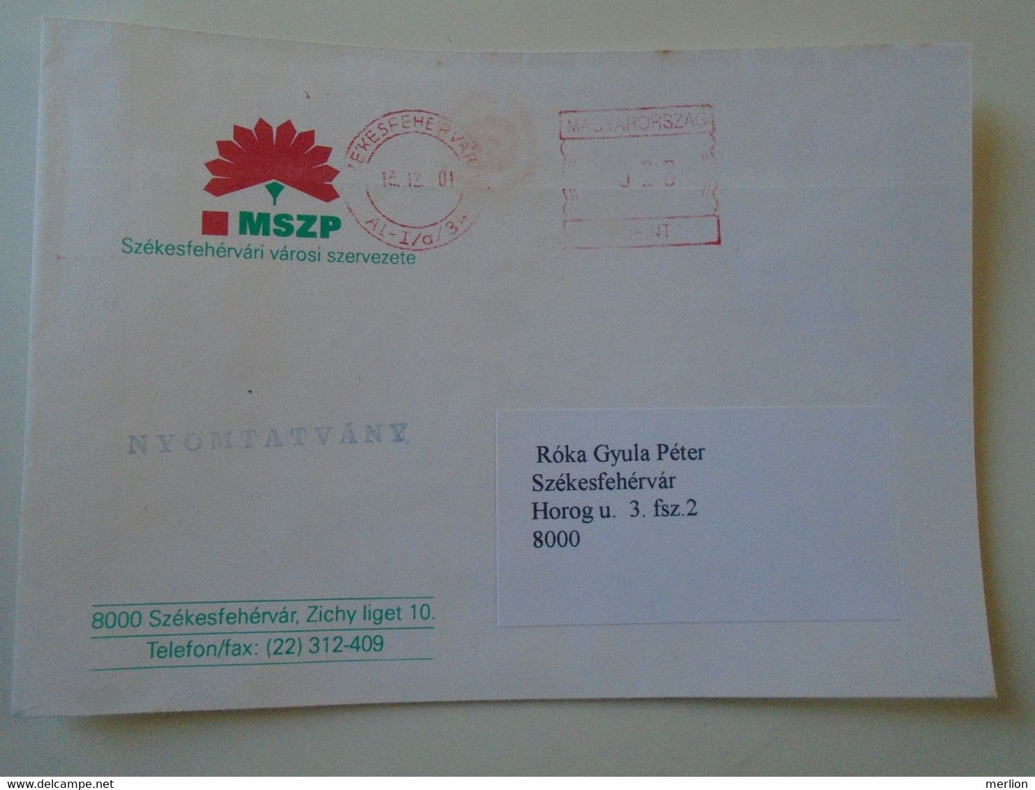 D193946 Hungary   Cover - EMA Red Meter Freistempel - 2001 MSZP  Székesfehérvár - Viñetas De Franqueo [ATM]