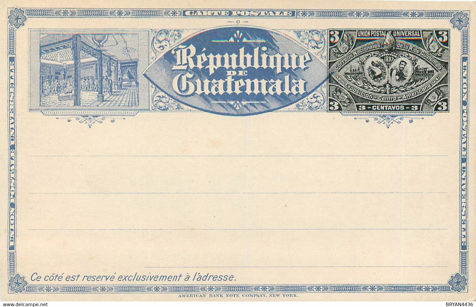 GUATEMALA - CARTE - ENTIER POSTAL - 3 CENTAVOS - BLEU - EXPOSITION CENTRO AMERICANA - 1897 - TRES BON ETAT - Guatemala