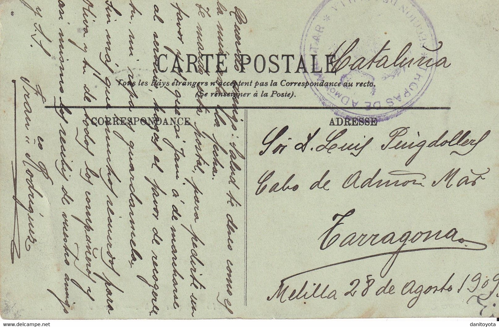 1909. Melilla A Tarragona. Postal Circulada Con Franquicia Militar - Melilla