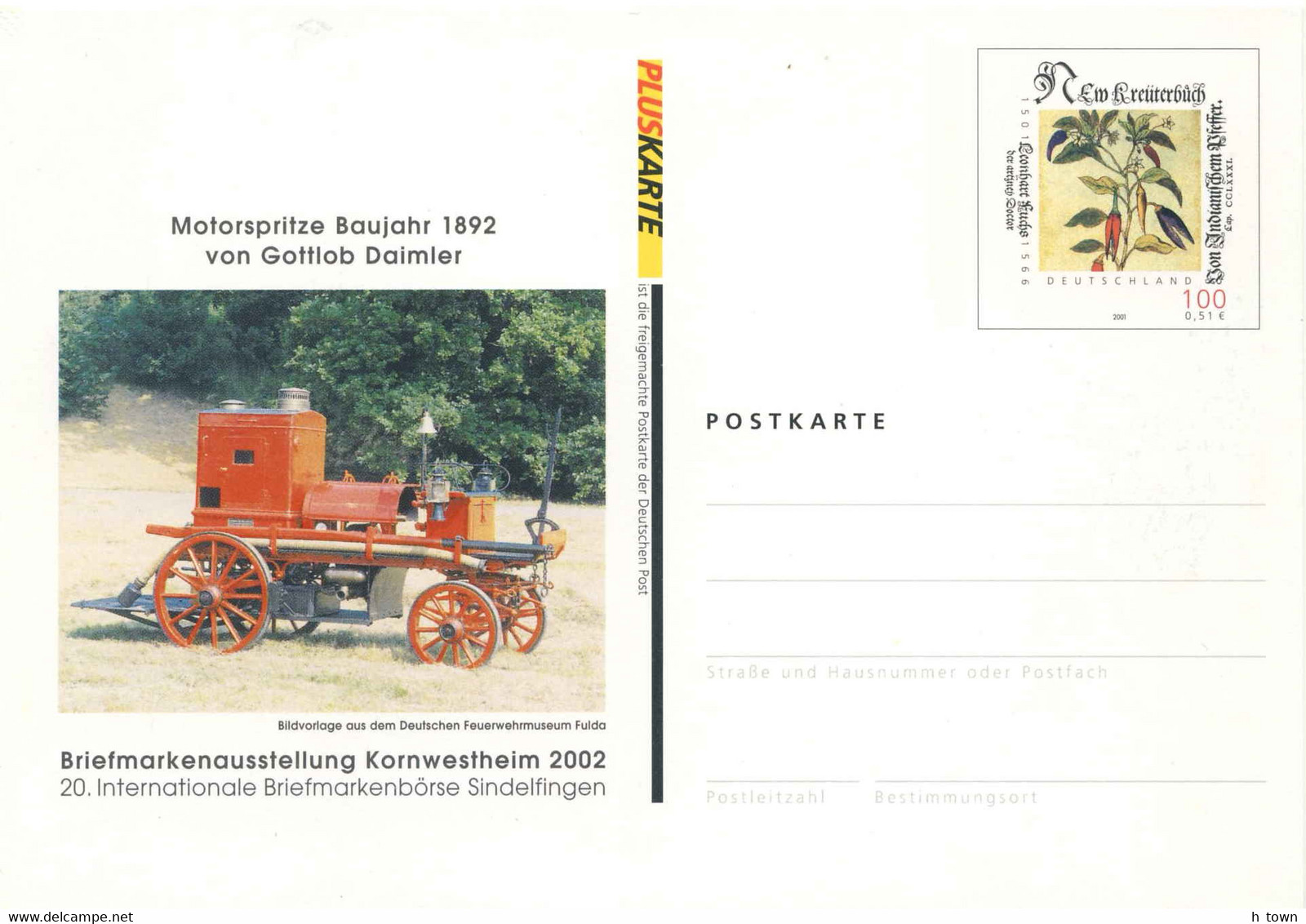 113  Pompe à Incendie: Entier (c.p.) D'Allemagne, 2002 - Daimler Fire Pump Stationery Postcard Kornwestheim Museum Fulda - Sapeurs-Pompiers