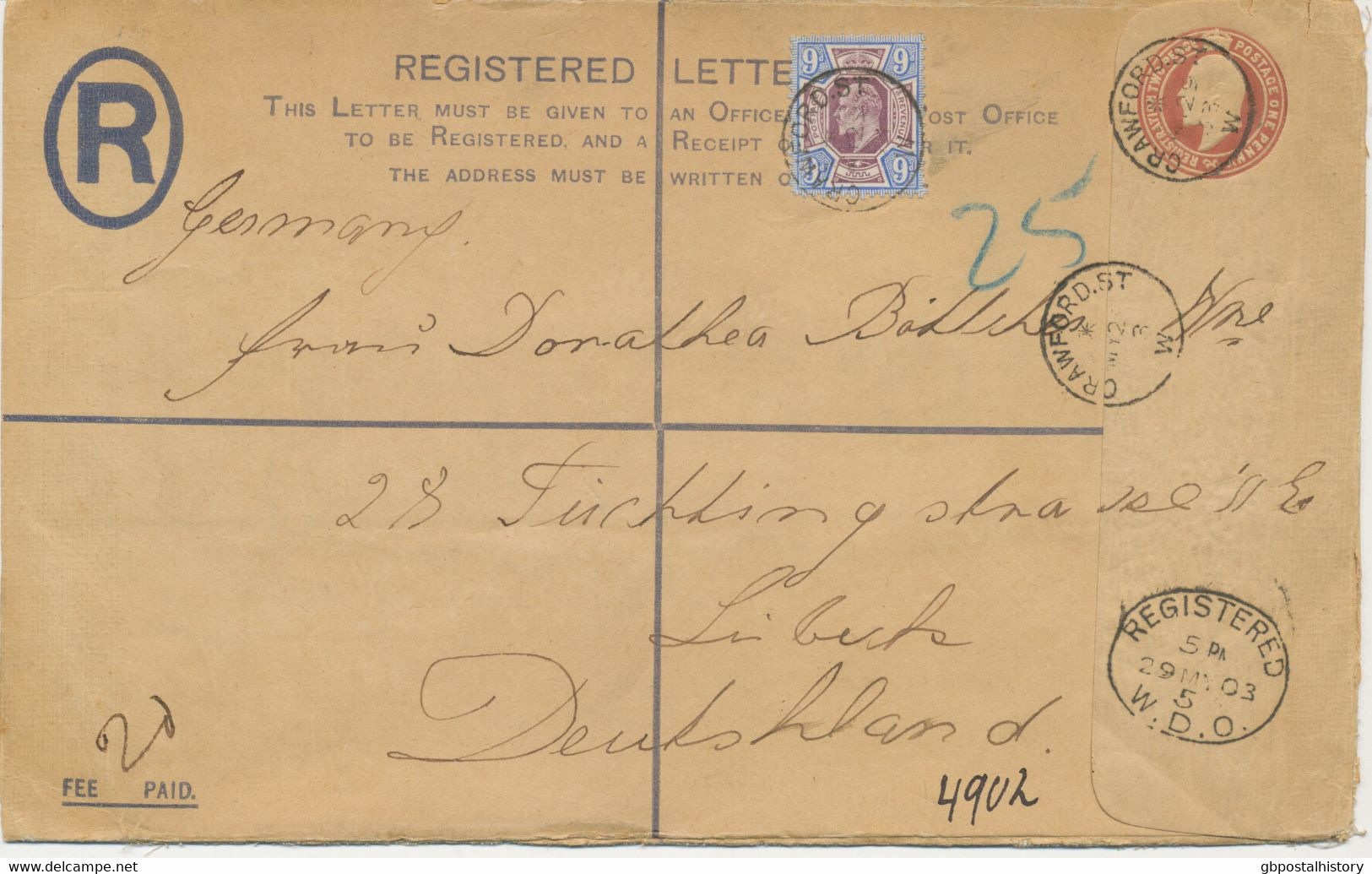 GB 1903 Superb EVII Postal Stationery Registered Envelope Format H 3d (opened At Two Sides) Uprated With The Rare 9d - Cartas & Documentos