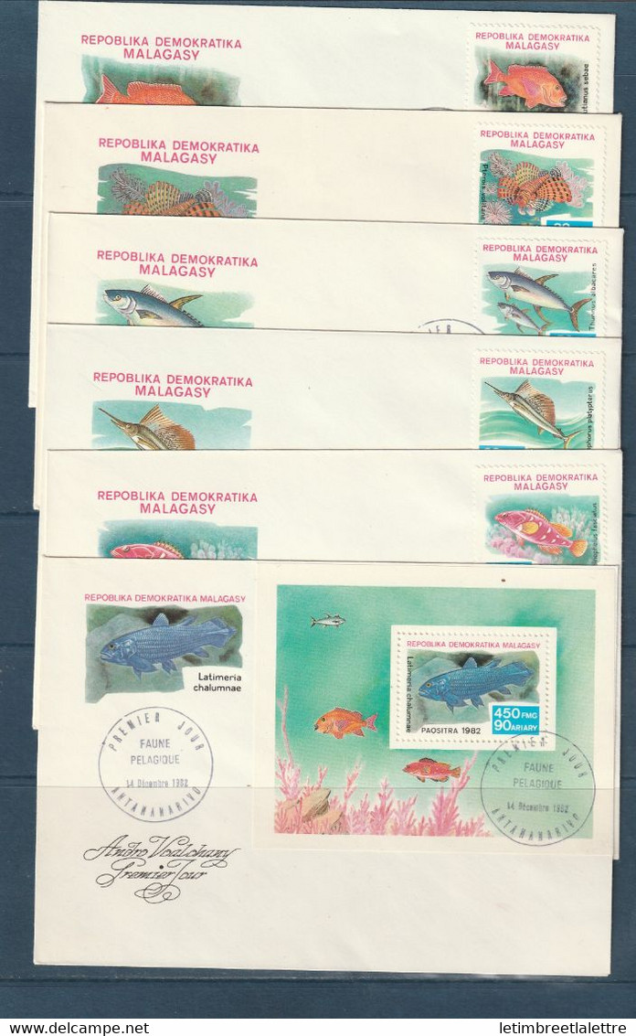 Madagascar - Série De 6 Enveloppes - FDC - Premier Jour - Faune Pélagique - 1982 - Fische