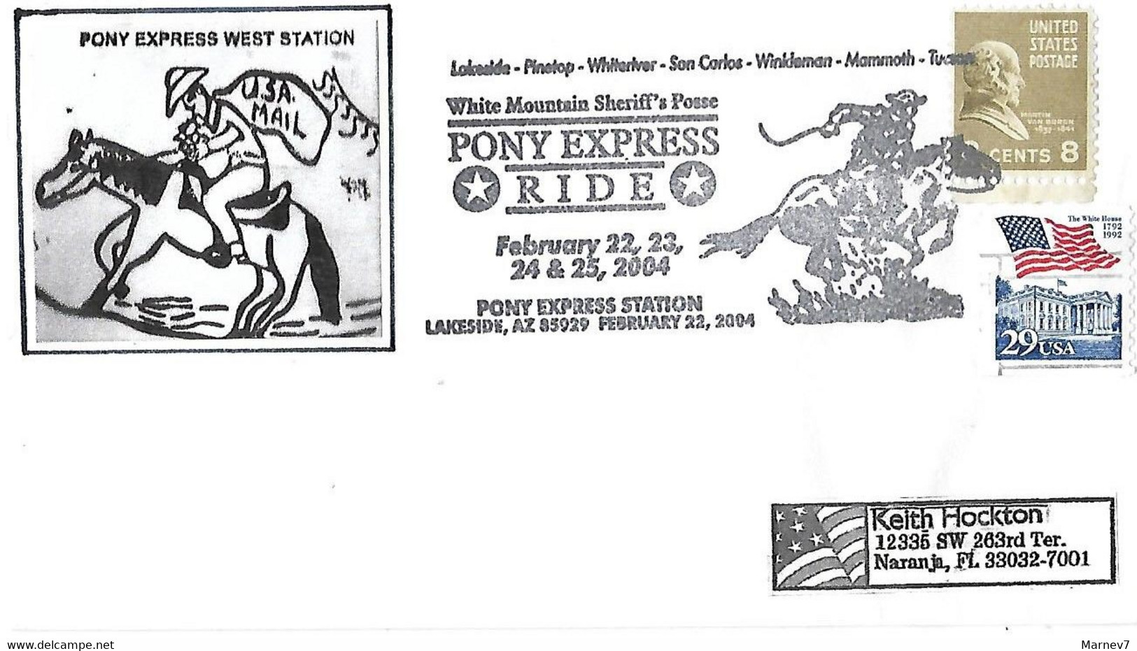 Etats-Unis USA - Yvert 2015 Sur Lettre - Maison Blanche - PONY EXPRESS RIDE - Flamme 22 Février 2004 Messager à Cheval - Briefe U. Dokumente