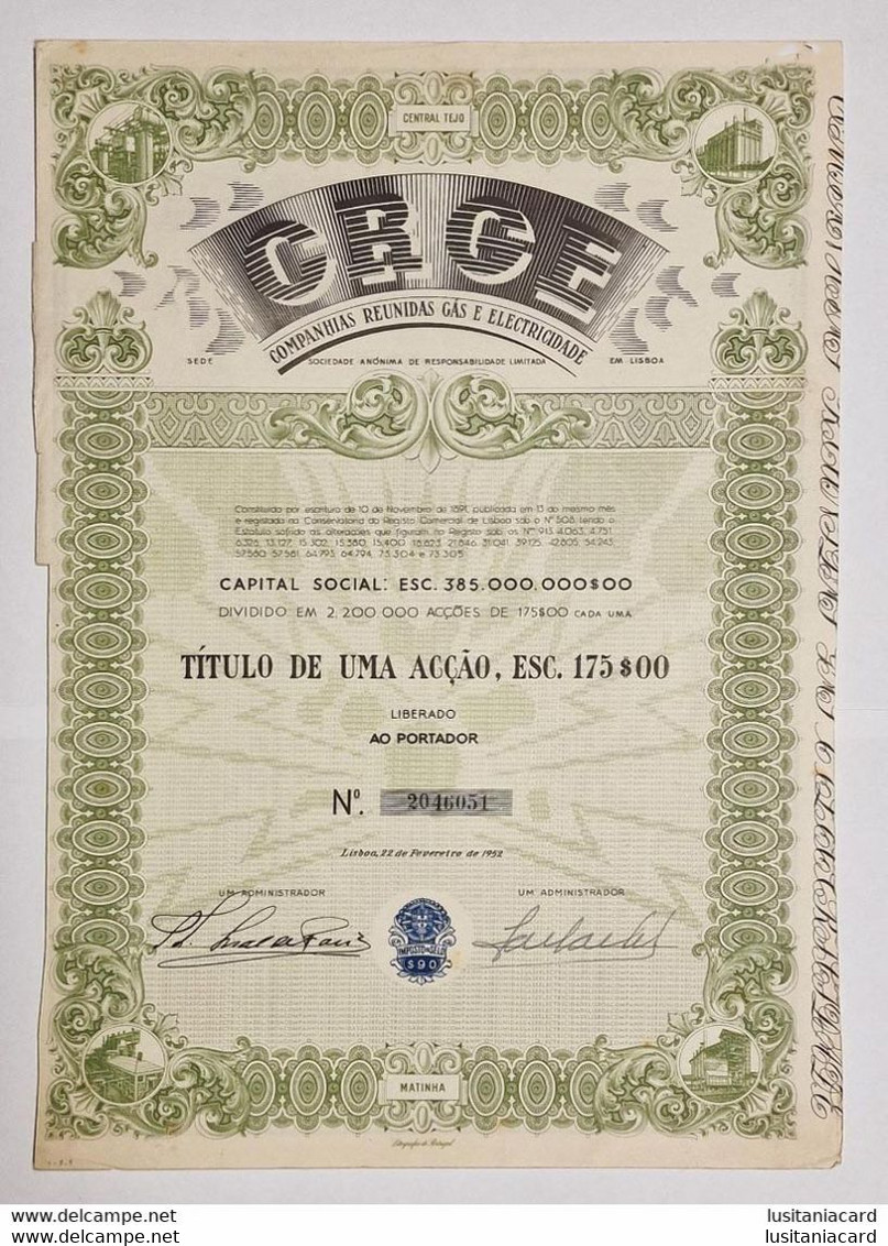 PORTUGAL-LISBOA- C.R.G.E.  -Titulo De Uma Acção 175$00 - Nº 2046051 -  22 De Fevereiro De 1952 - Electricité & Gaz