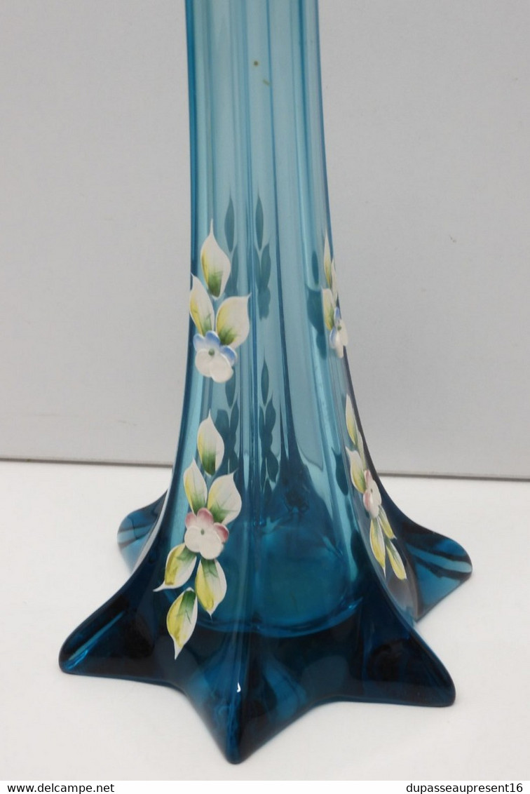 *JOLI VASE SOLIFLORE VERRE BLEU Fleurs émaillées en Epaisseur MURANO ITALIE?  E