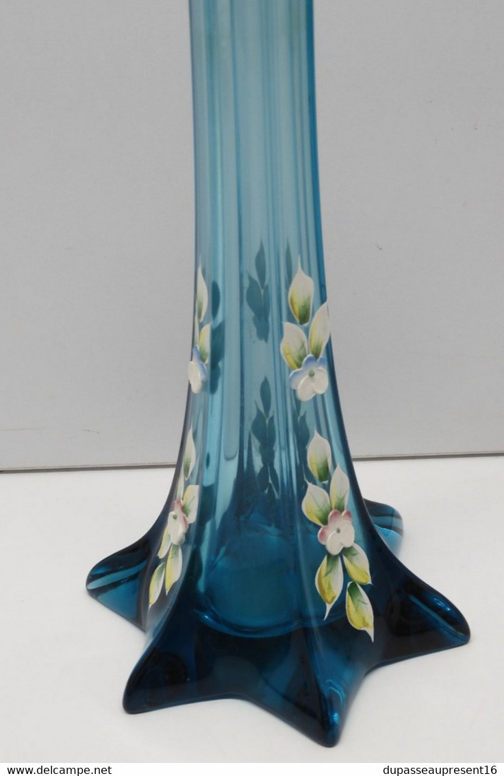 *JOLI VASE SOLIFLORE VERRE BLEU Fleurs émaillées en Epaisseur MURANO ITALIE?  E