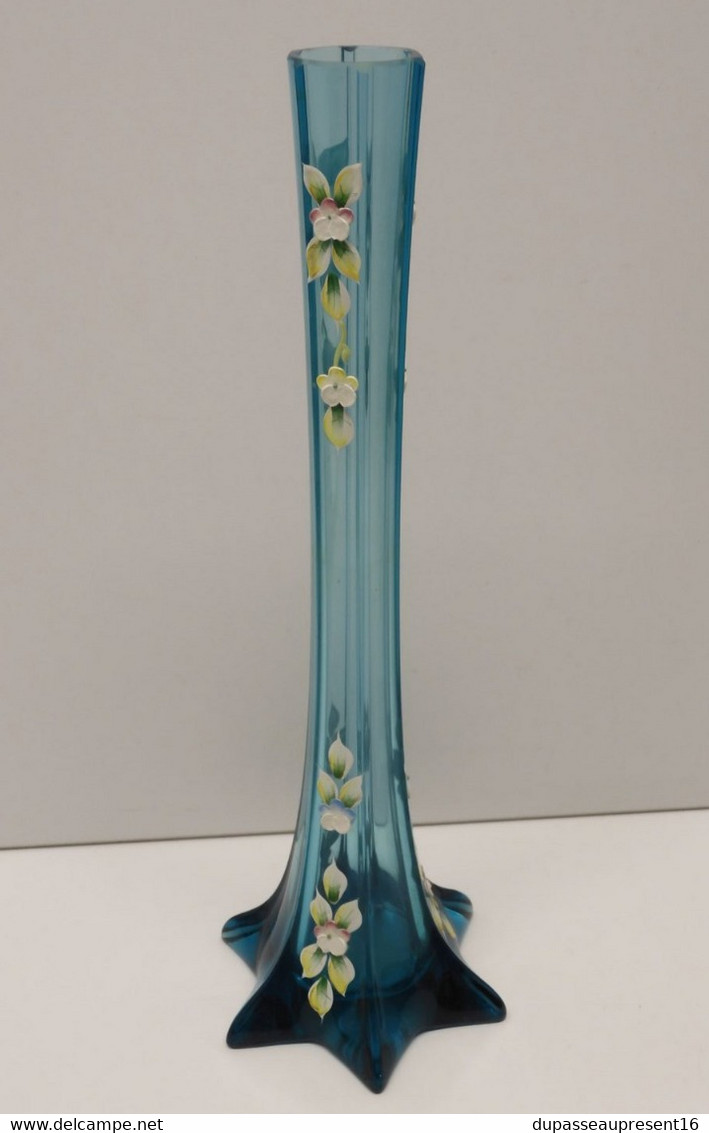 *JOLI VASE SOLIFLORE VERRE BLEU Fleurs émaillées en Epaisseur MURANO ITALIE?  E