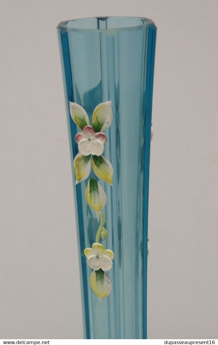 *JOLI VASE SOLIFLORE VERRE BLEU Fleurs émaillées en Epaisseur MURANO ITALIE?  E