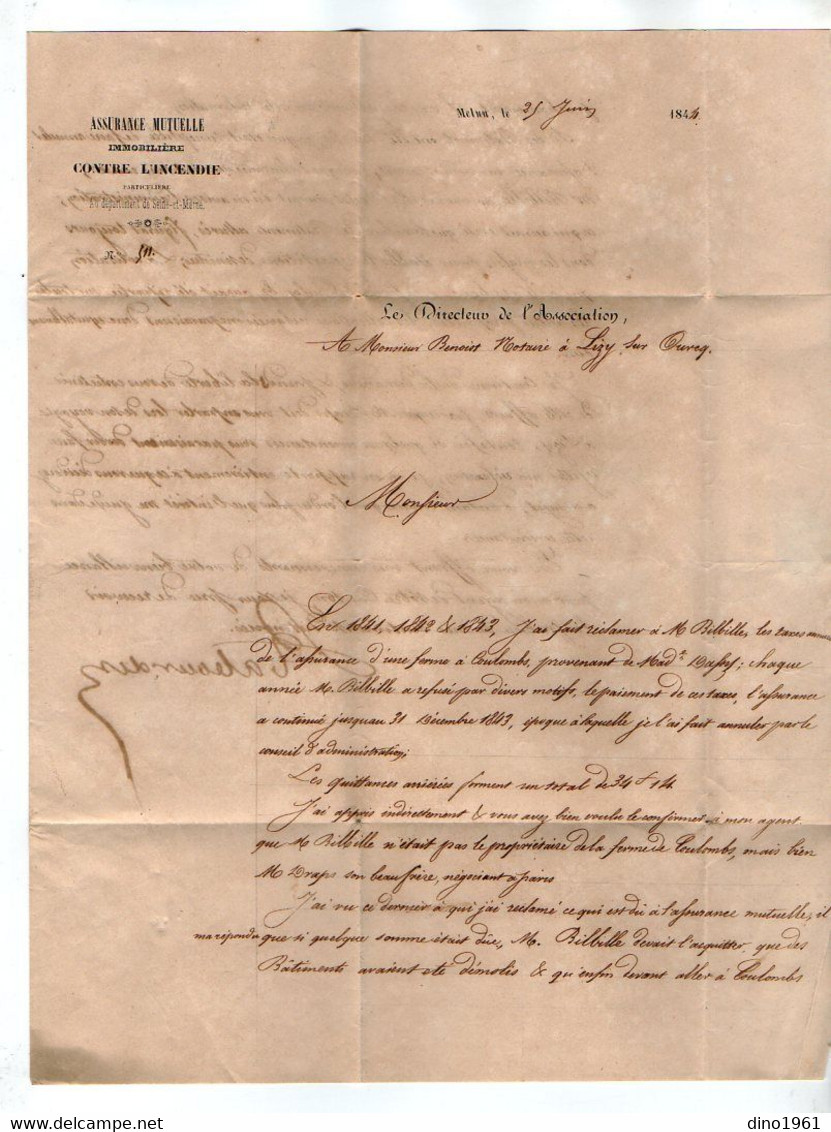 VP21.657 -1844 - Lettre - L'Assurance Mutuelle Contre L'Incendie à MELUN Pour Me BENOIT Notaire à LIZY SUR OURCQ - Banco & Caja De Ahorros