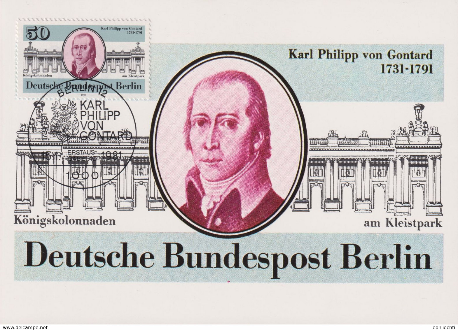 1981 Berlin  MC, Mi:DE-BE 639, Yt:DE-BE 600,  Karl Philipp Von Gontar, Königskolonaden - Maximum Cards