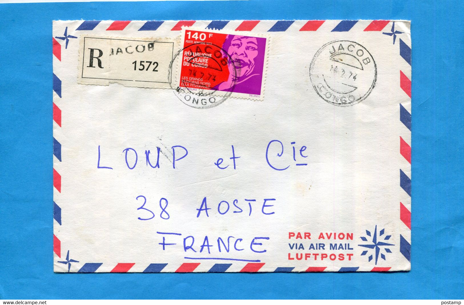 Marcophilie-CONGO-Lettre  -> Françe-cad*JACOB-1974- Stamps N°A147-JAZZ Ella Fitzgerald - Autres & Non Classés