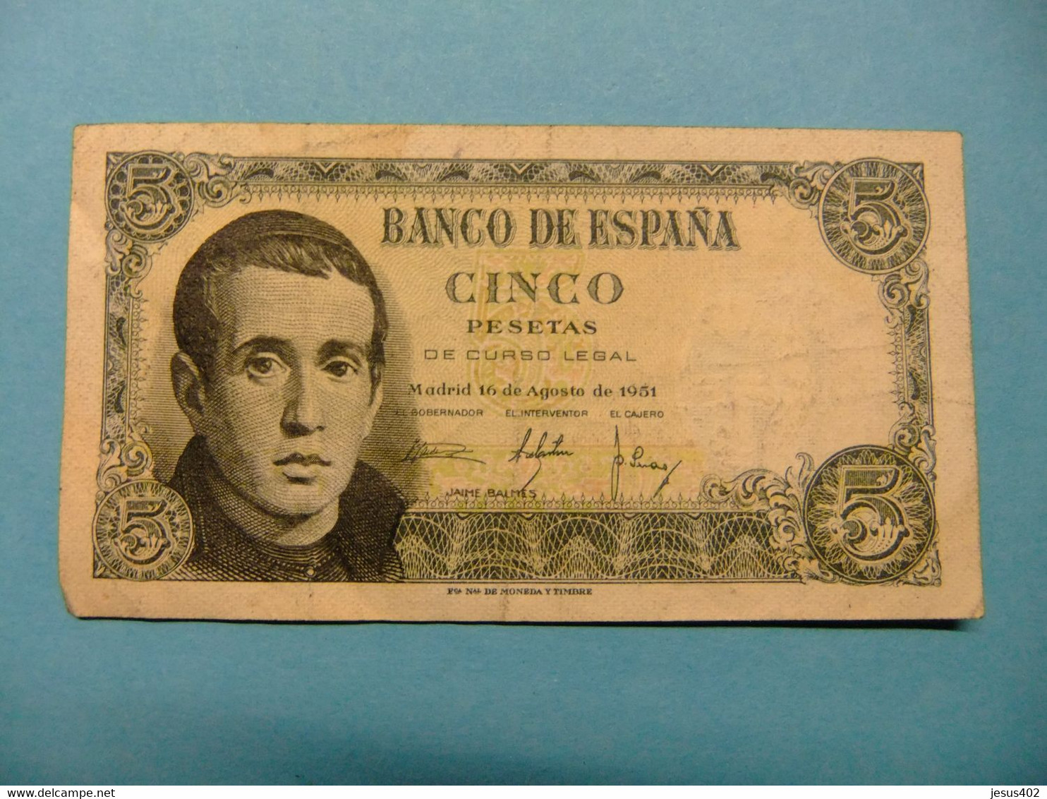 ESPAÑA BILLETE DE 5 PESETAS JAIME BALMES 1A4067931 MADRID 16/8/1951 - 5 Pesetas