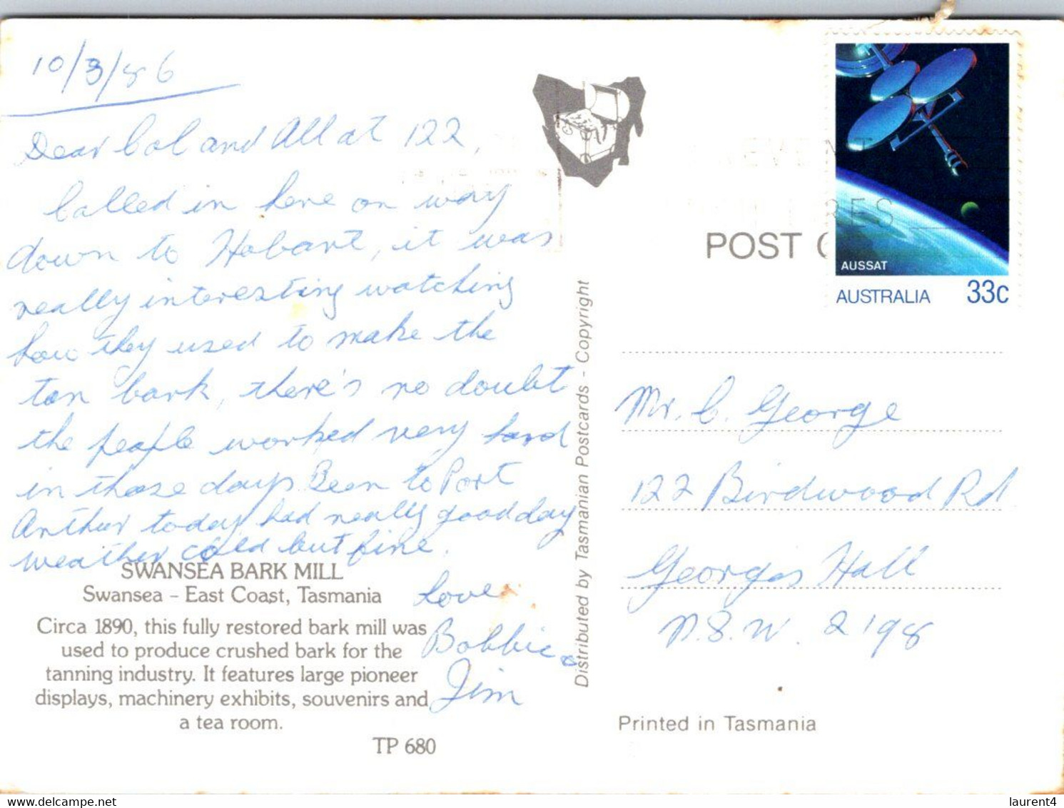 (3 Oø 30) Australia - TAS - Swansea Bark Mill (posted With Space Satellite Stamp 1986) - Other & Unclassified