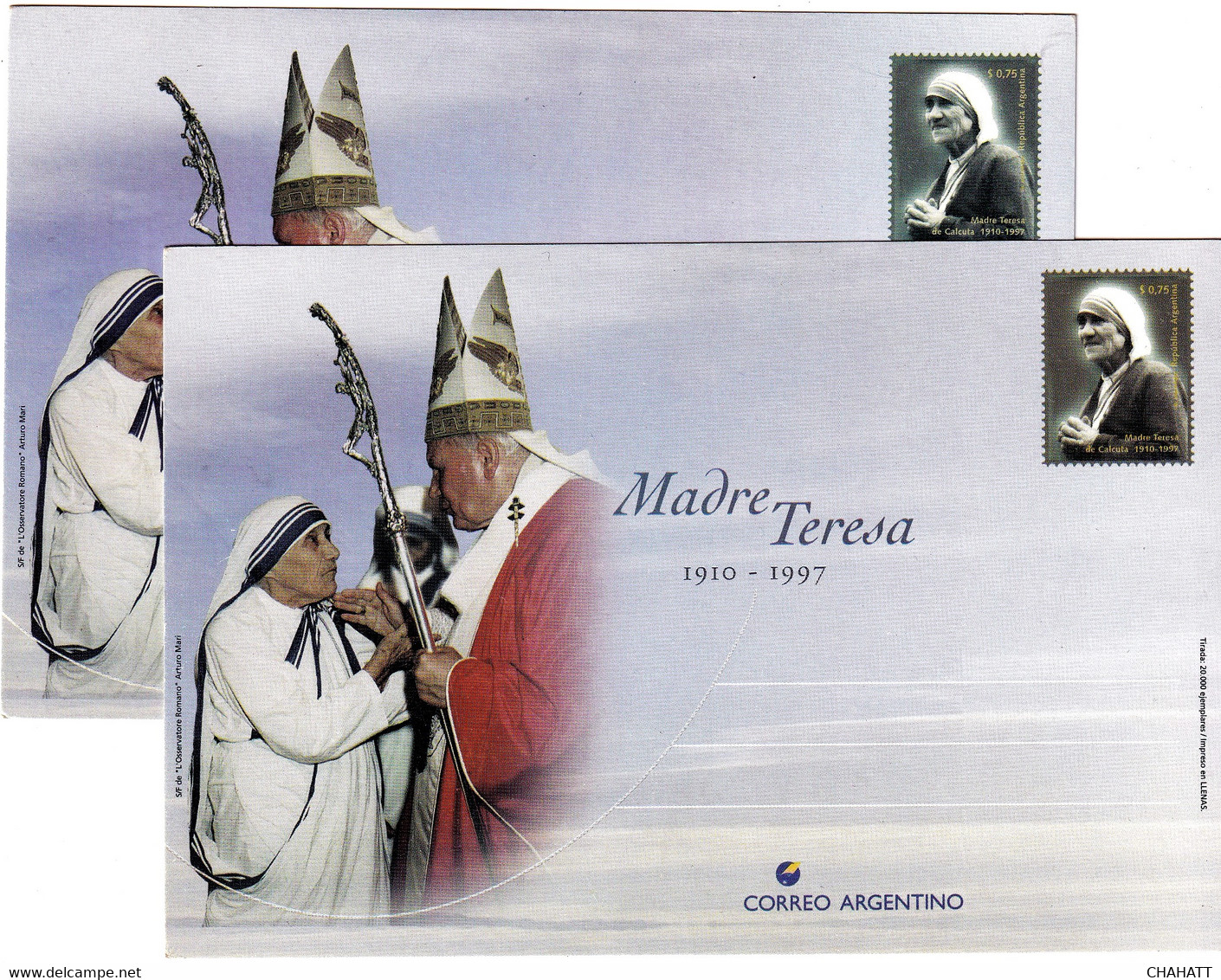 MOTHER TERESA-WITH POPE- SET OF 2 PREPAID POST CARD-ARGENTIAN- ERROR- COLOR VARIETY-MNH-SCARCE-BX4-12 - Mother Teresa