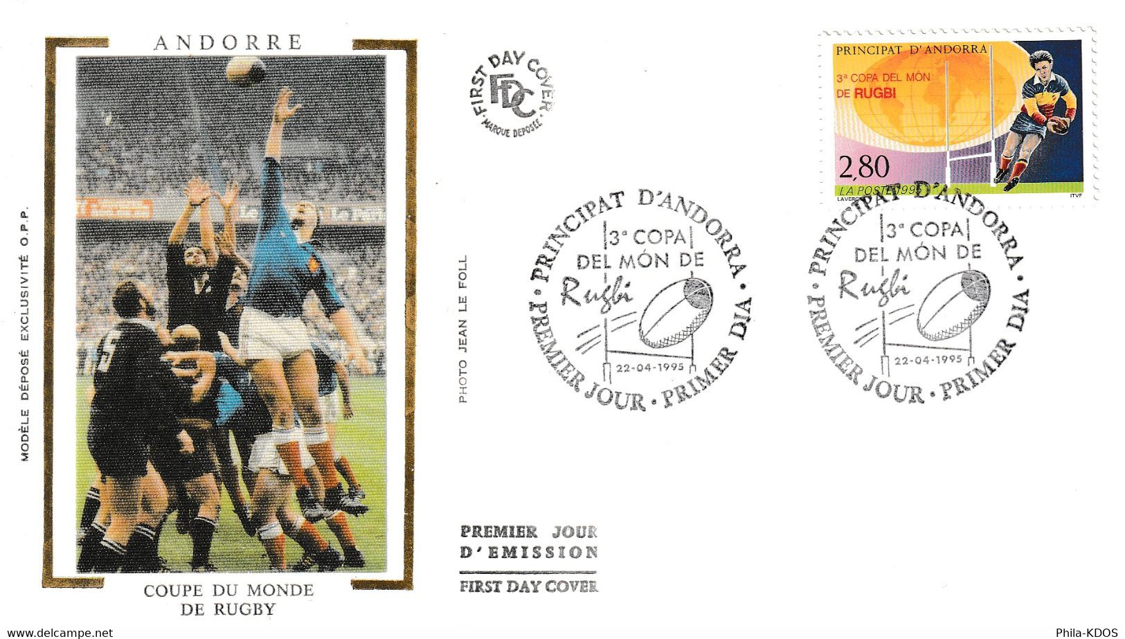 " 3ème  COUPE DU MONDE DE RUGBY DE 1995 " Sur Enveloppe 1er Jour Sur Soie D'Andore N° YT 455. Parfait état. FDC - Rugby