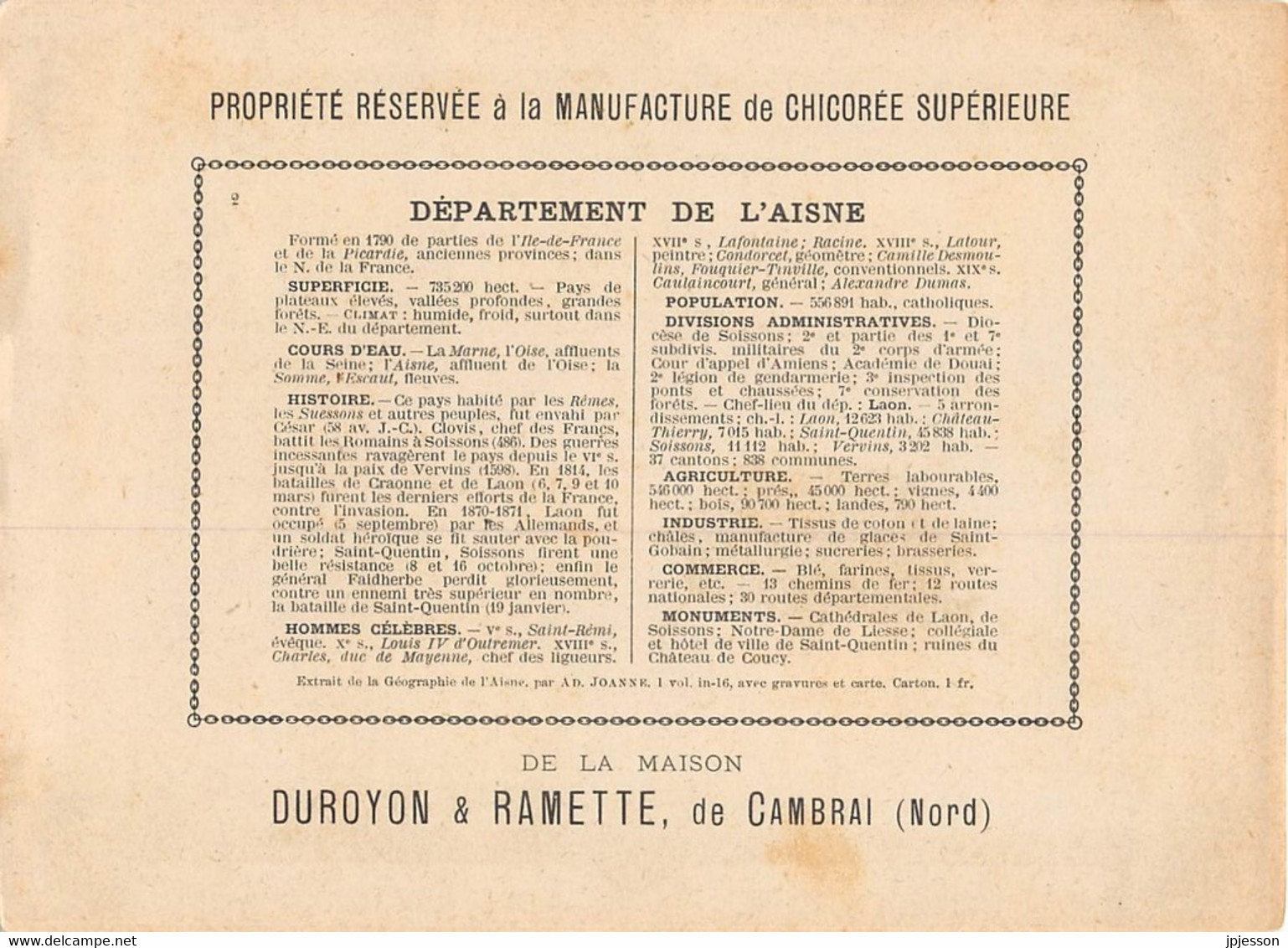 CHROMO - DUROYON & RAMETTE ( CHICOREE - CAMBRAI ) DEPARTEMENT DE L'AISNE  FORMAT: 17,8cm Sur12,8cm - Duroyon & Ramette