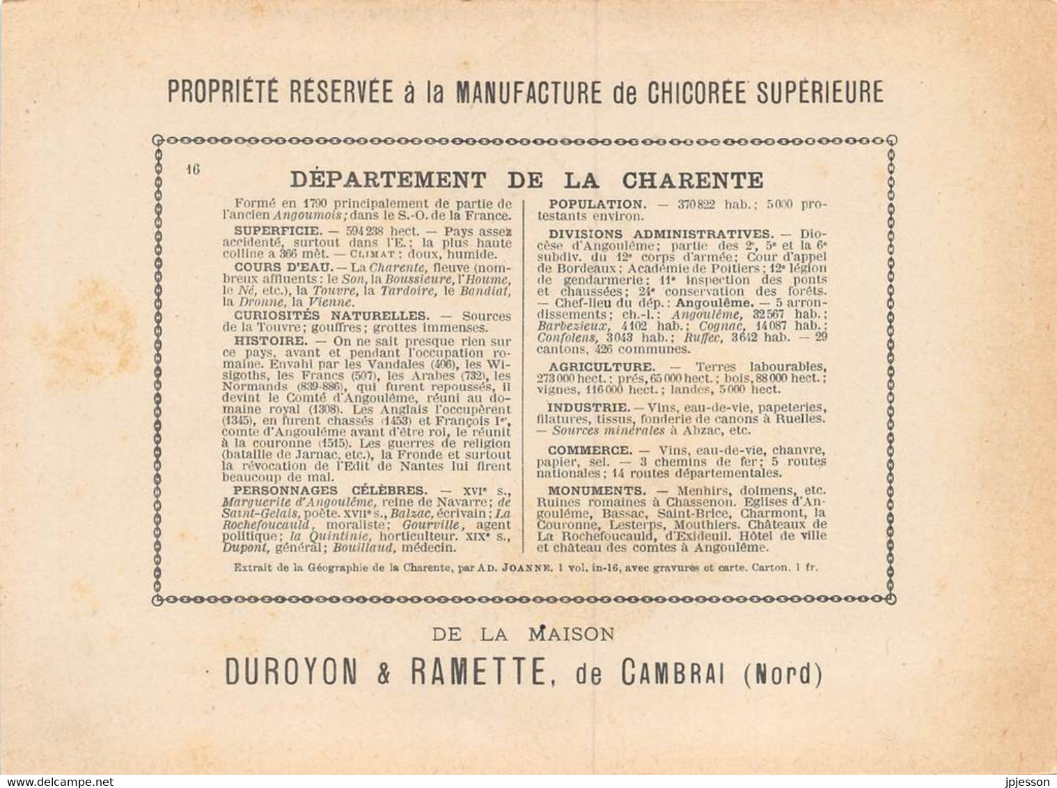 CHROMO - DUROYON & RAMETTE ( CHICOREE - CAMBRAI ) DEPARTEMENT DE LA CHARENTE  FORMAT: 17,8cm Sur12,8cm - Duroyon & Ramette