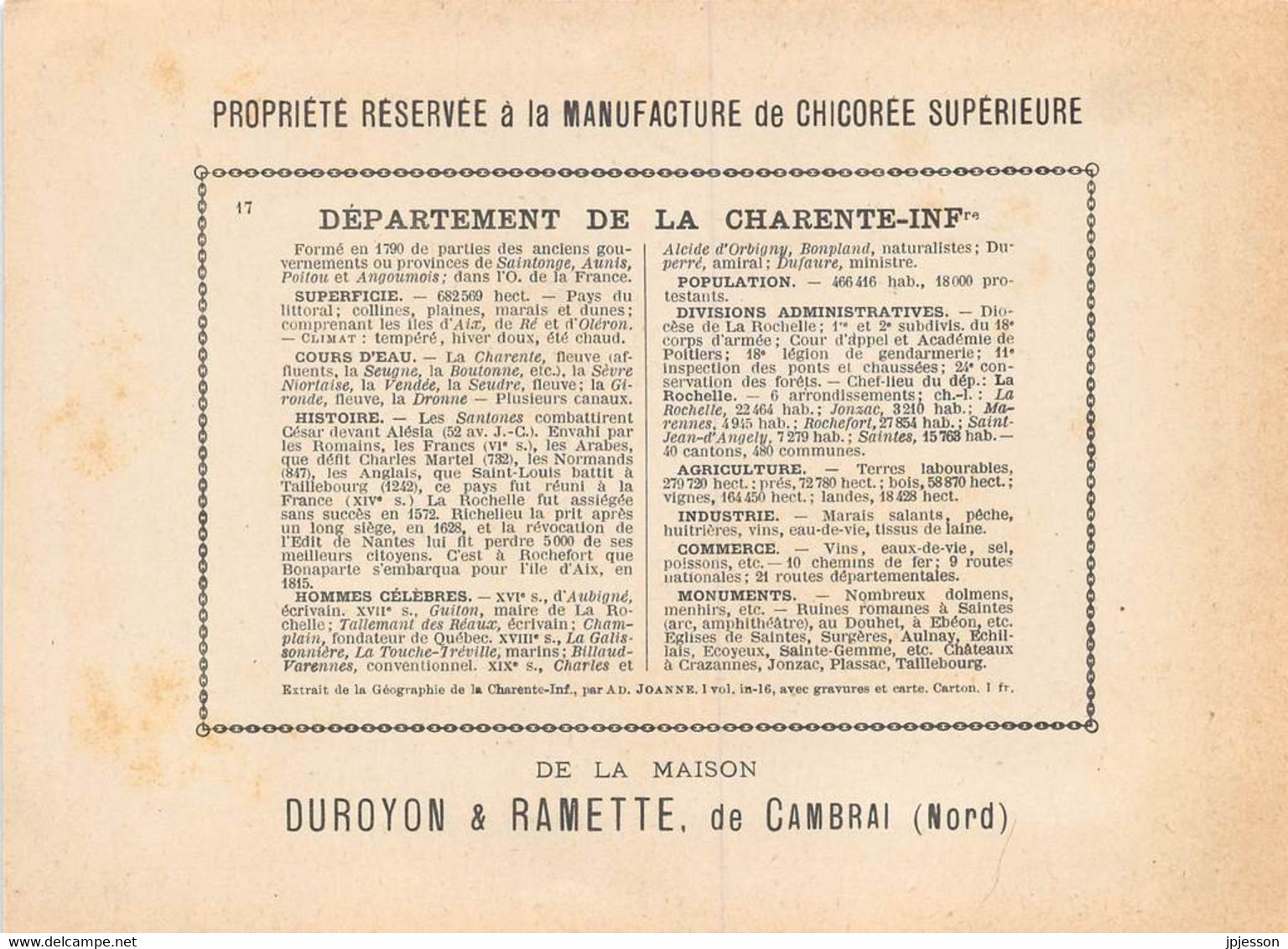 CHROMO - DUROYON & RAMETTE ( CHICOREE - CAMBRAI ) DEPARTEMENT DE LA CHARENTE INFERIEURE FORMAT: 17,8cm Sur12,8cm - Duroyon & Ramette