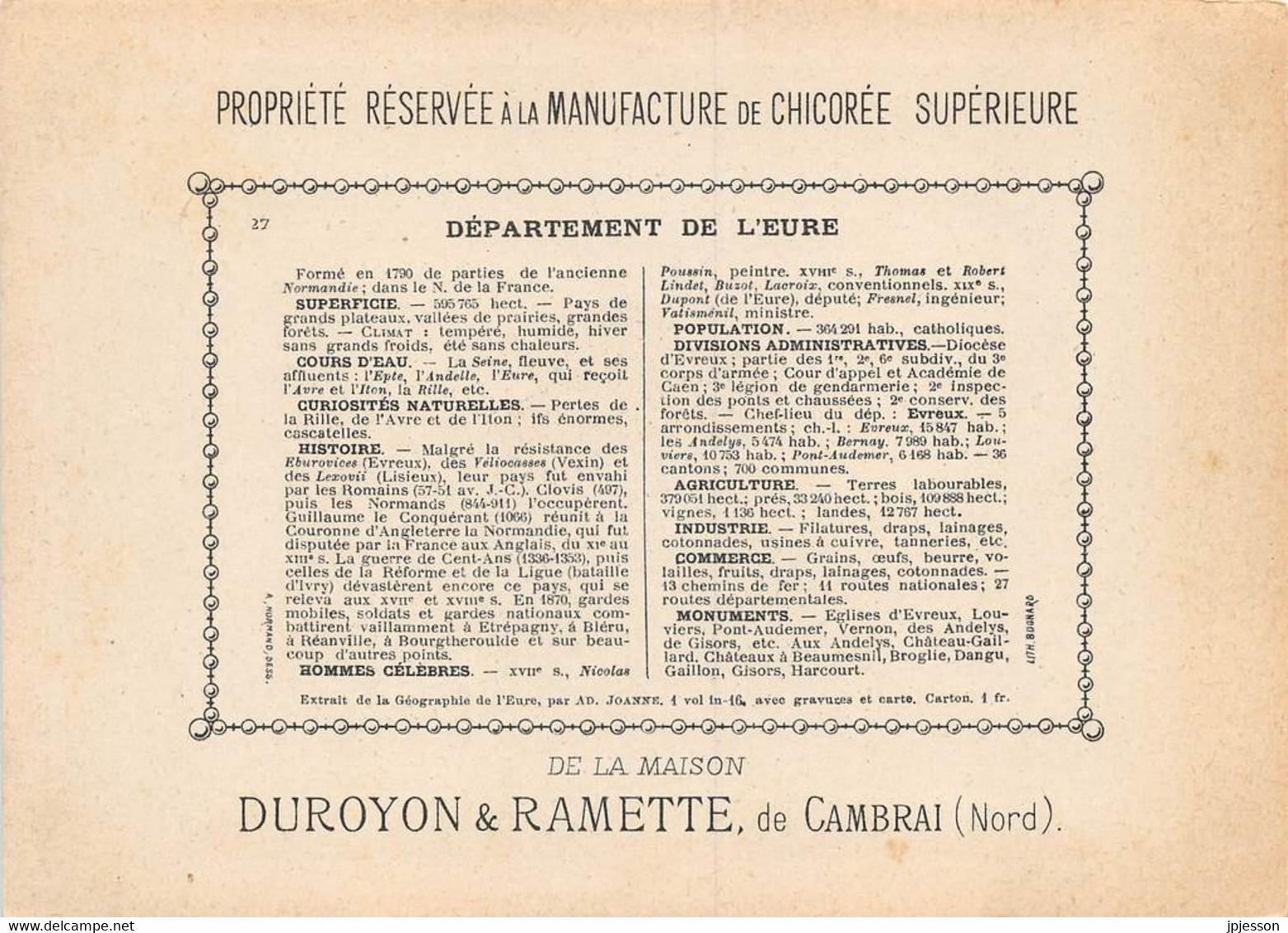 CHROMO - DUROYON & RAMETTE ( CHICOREE - CAMBRAI ) DEPARTEMENT DE L'EURE   FORMAT: 17,8cm Sur12,8cm - Duroyon & Ramette