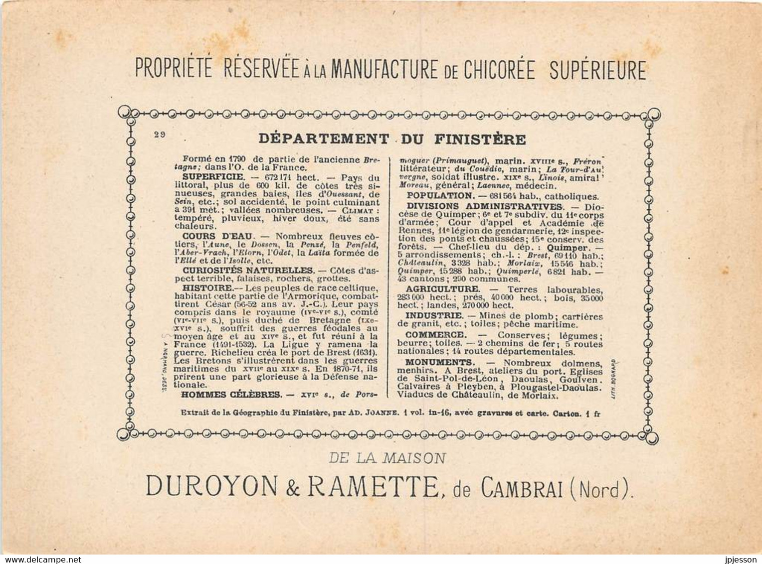 CHROMO - DUROYON & RAMETTE ( CHICOREE - CAMBRAI ) DEPARTEMENT DU FINISTERE   FORMAT: 17,8cm Sur12,8cm - Duroyon & Ramette