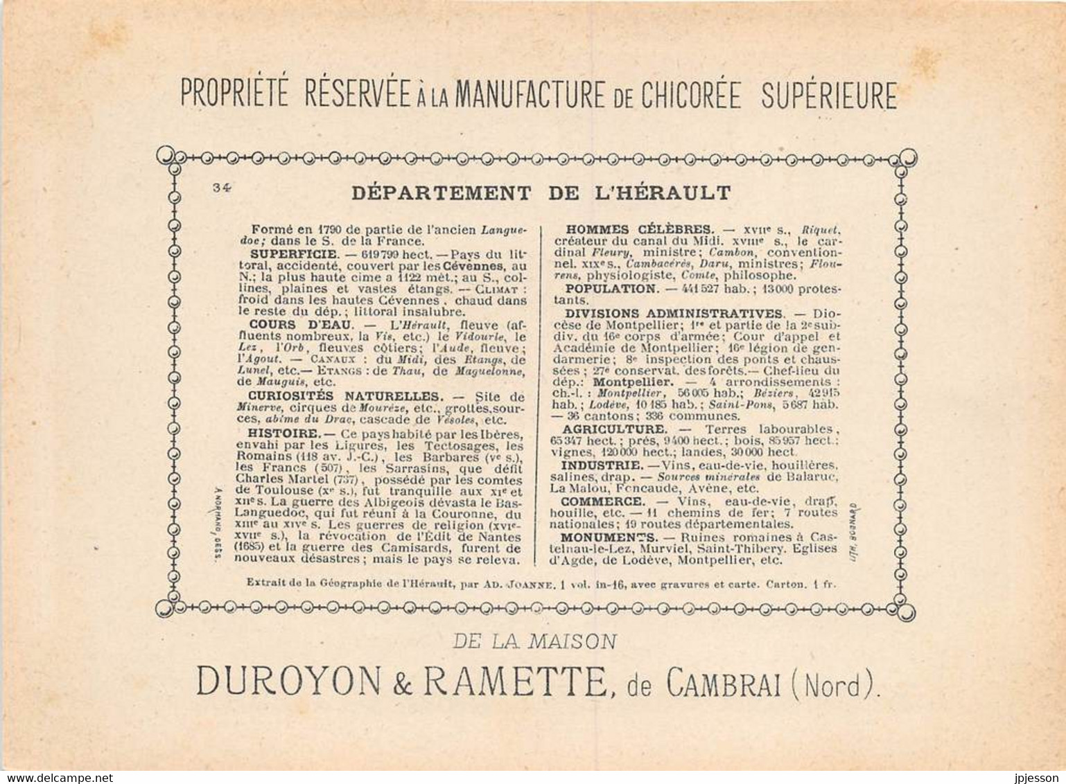 CHROMO - DUROYON & RAMETTE ( CHICOREE - CAMBRAI ) DEPARTEMENT DE L'HERAULT   FORMAT: 17,8cm Sur12,8cm - Duroyon & Ramette