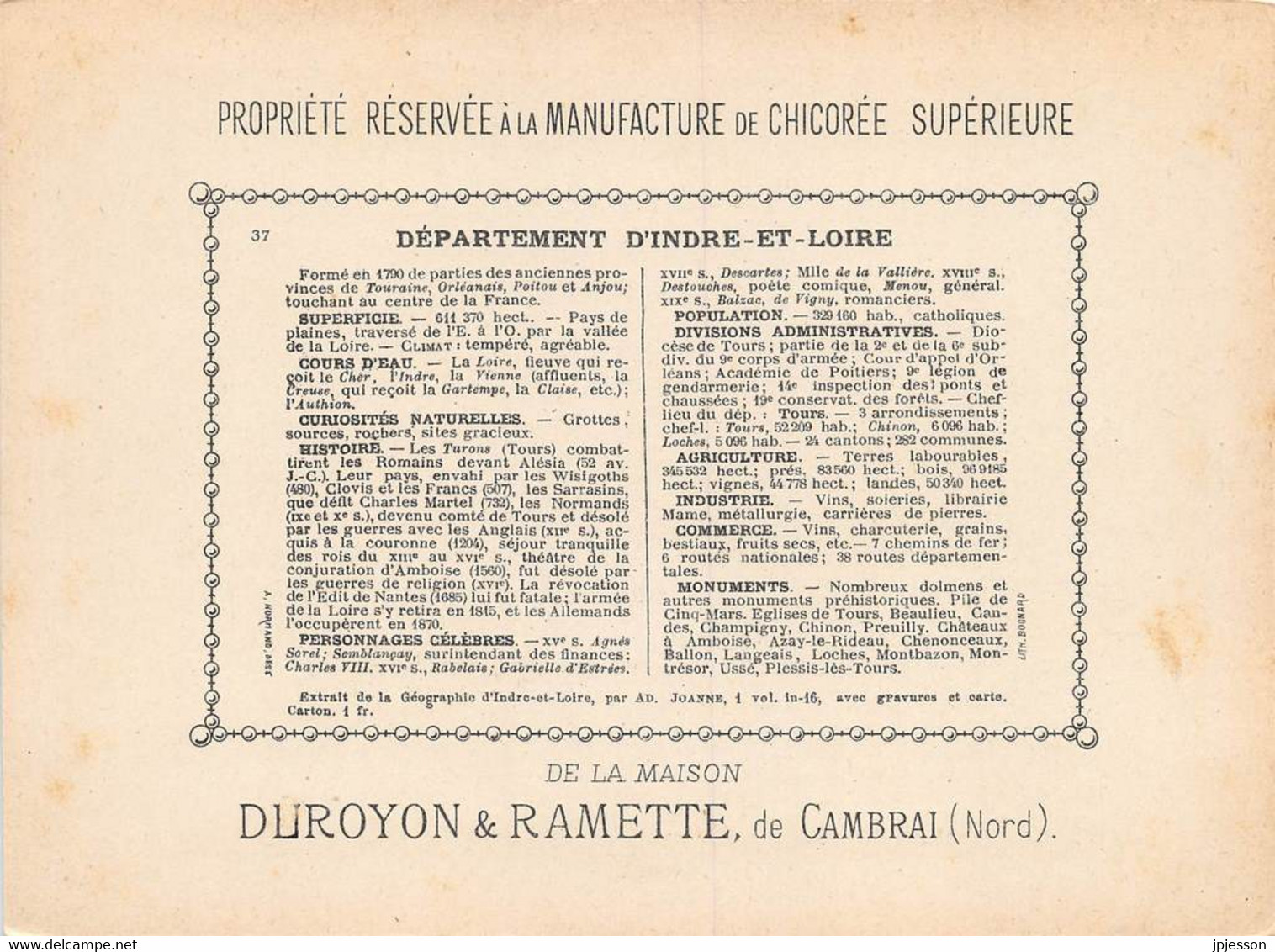 CHROMO - DUROYON & RAMETTE ( CHICOREE - CAMBRAI ) DEPARTEMENT D'INDRE ET LOIRE   FORMAT: 17,8cm Sur12,8cm - Duroyon & Ramette