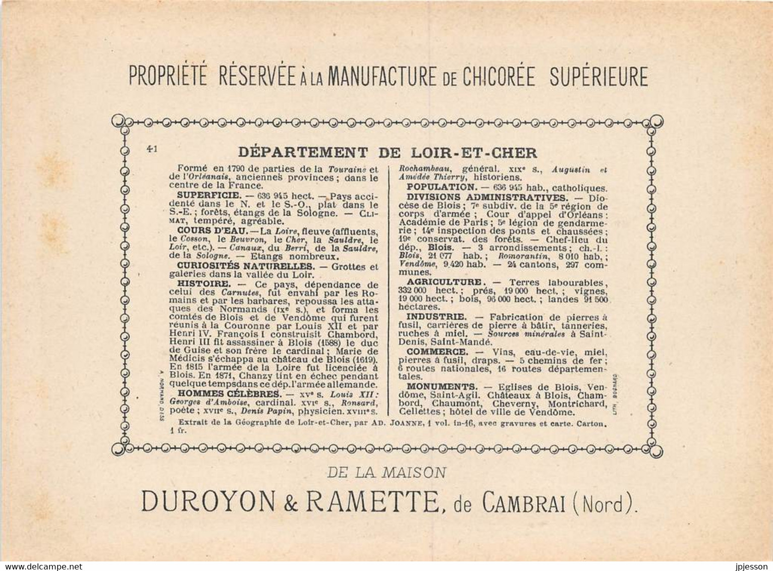 CHROMO - DUROYON & RAMETTE ( CHICOREE - CAMBRAI ) DEPARTEMENT DU LOIR ET CHER   FORMAT: 17,8cm Sur12,8cm - Duroyon & Ramette