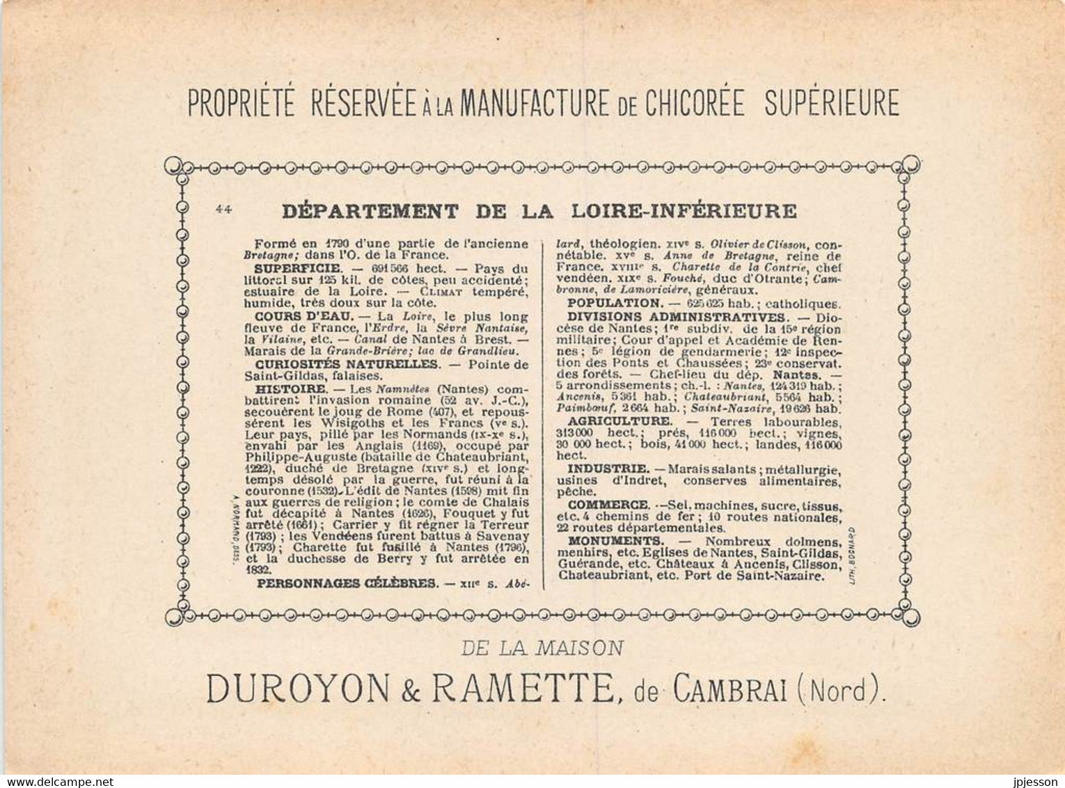 CHROMO - DUROYON & RAMETTE ( CHICOREE - CAMBRAI ) DEPARTEMENT DE LA LOIRE INFERIEURE   FORMAT: 17,8cm Sur12,8cm - Duroyon & Ramette
