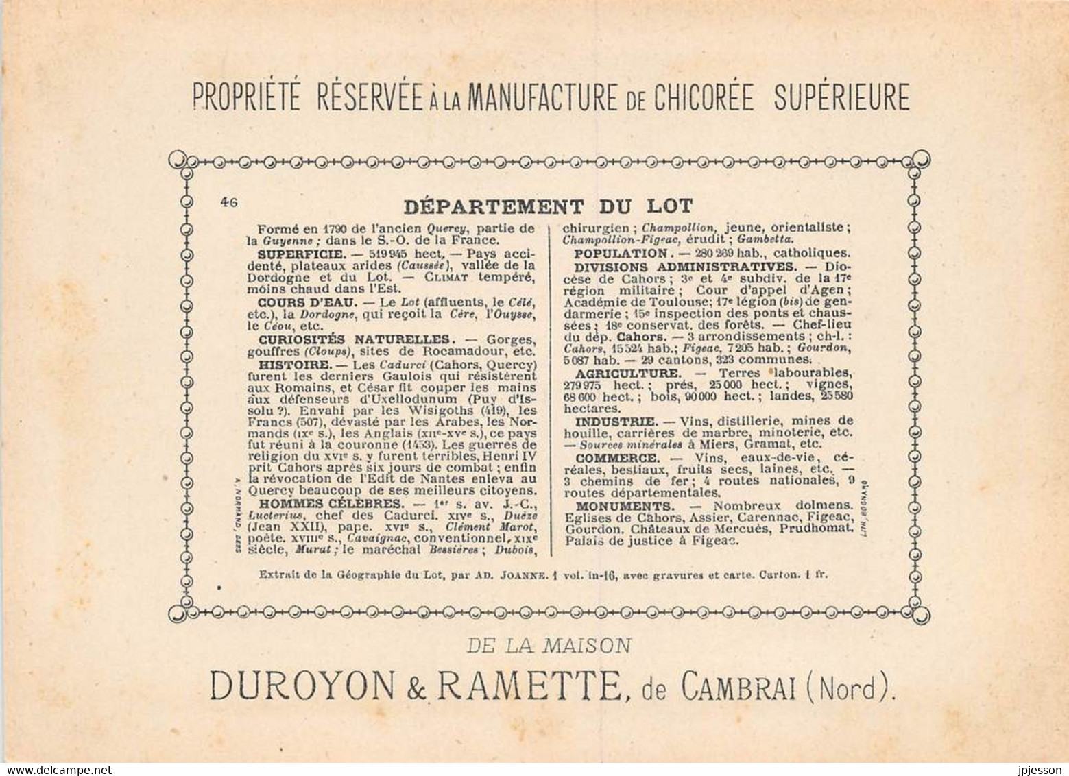 CHROMO - DUROYON & RAMETTE ( CHICOREE - CAMBRAI ) DEPARTEMENT DU LOT   FORMAT: 17,8cm Sur12,8cm - Duroyon & Ramette