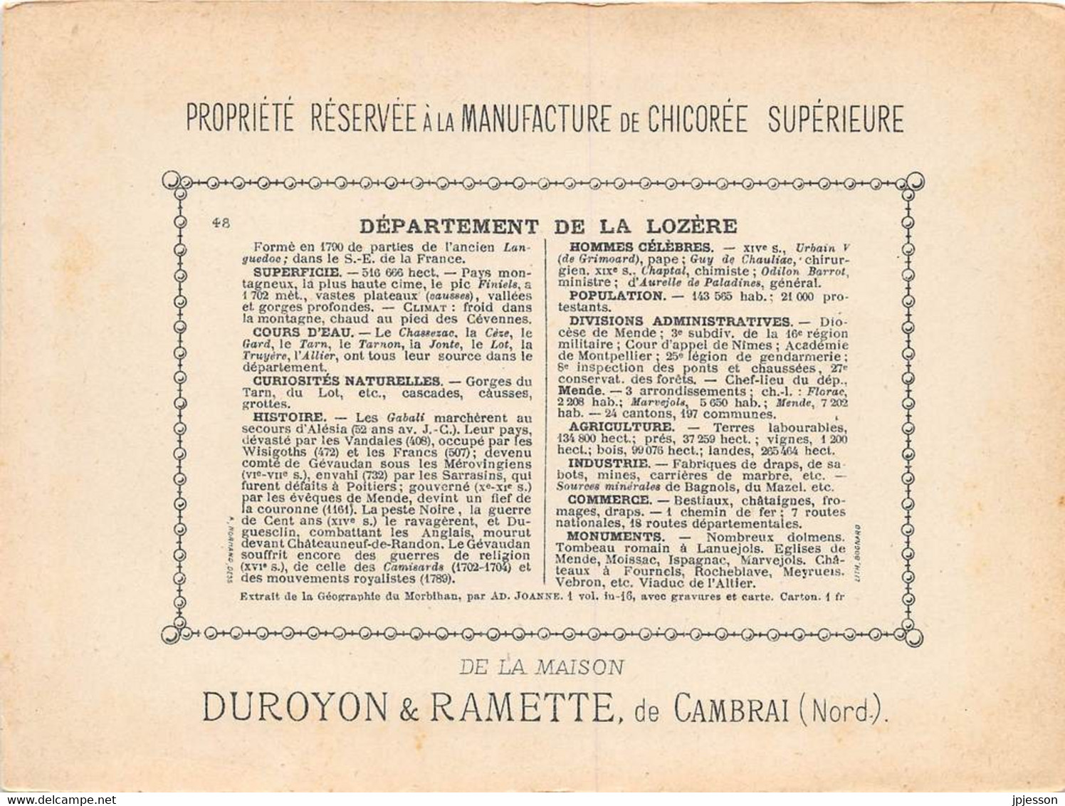 CHROMO - DUROYON & RAMETTE ( CHICOREE - CAMBRAI ) DEPARTEMENT DE LA LOZERE  FORMAT: 17,8cm Sur12,8cm - Duroyon & Ramette
