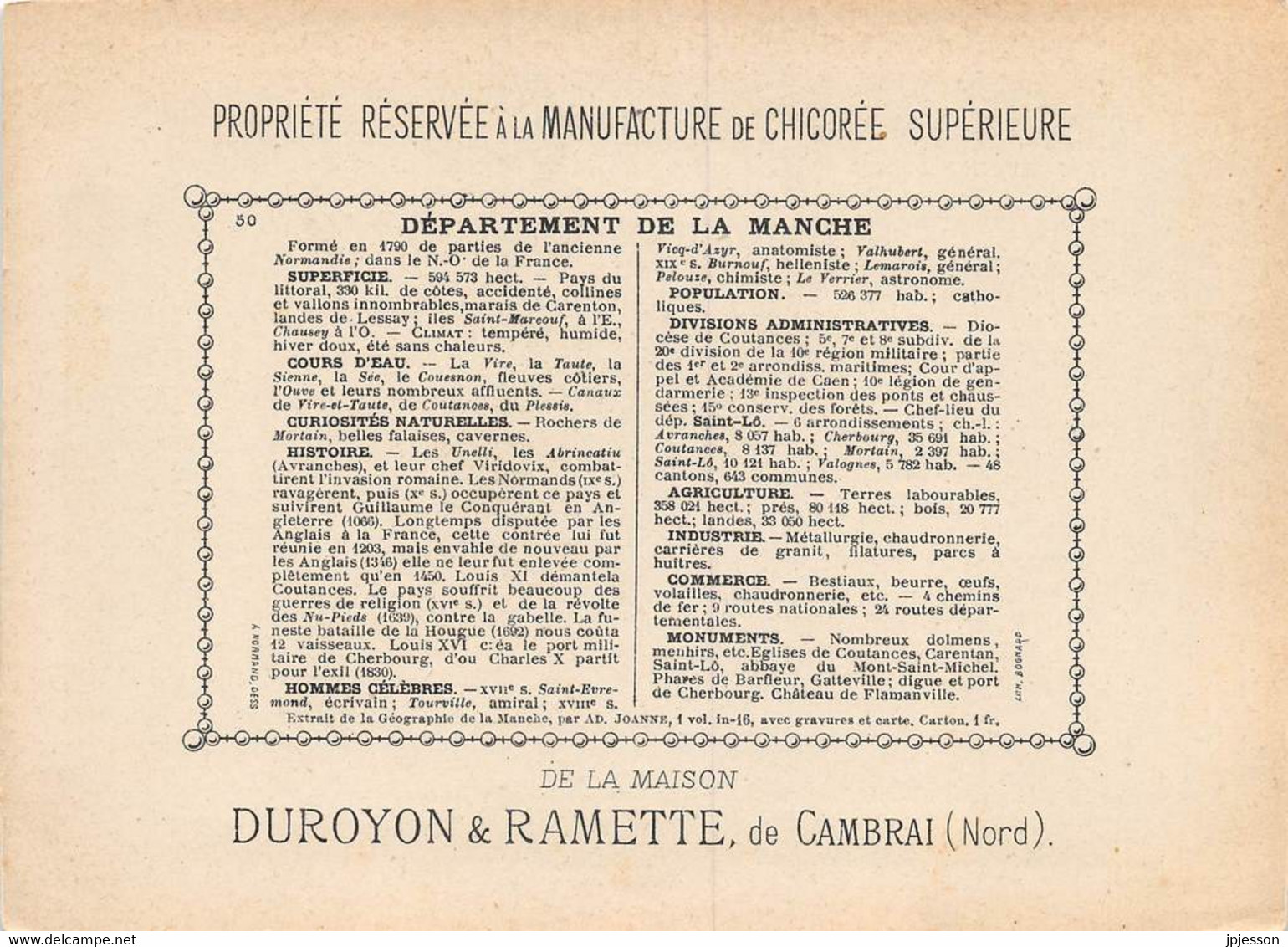 CHROMO - DUROYON & RAMETTE ( CHICOREE - CAMBRAI ) DEPARTEMENT DE LA MANCHE  FORMAT: 17,8cm Sur12,8cm - Duroyon & Ramette