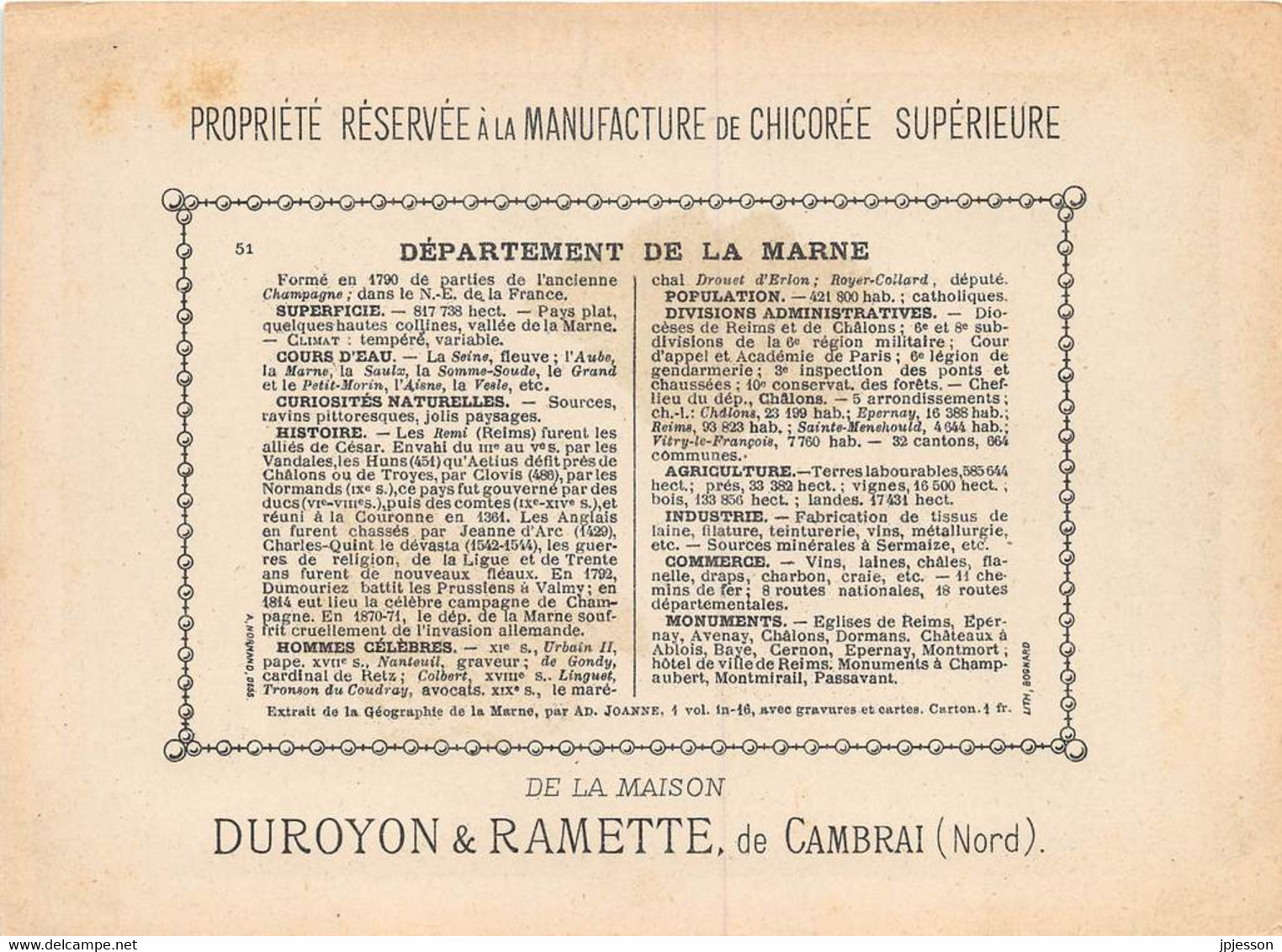 CHROMO - DUROYON & RAMETTE ( CHICOREE - CAMBRAI ) DEPARTEMENT DE LA MARNE  FORMAT: 17,8cm Sur12,8cm - Duroyon & Ramette