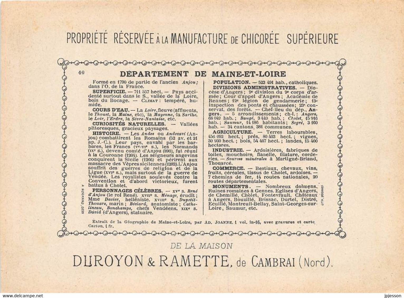 CHROMO - DUROYON & RAMETTE ( CHICOREE - CAMBRAI ) DEPARTEMENT DU MAINE ET LOIRE  FORMAT: 17,8cm Sur12,8cm - Duroyon & Ramette
