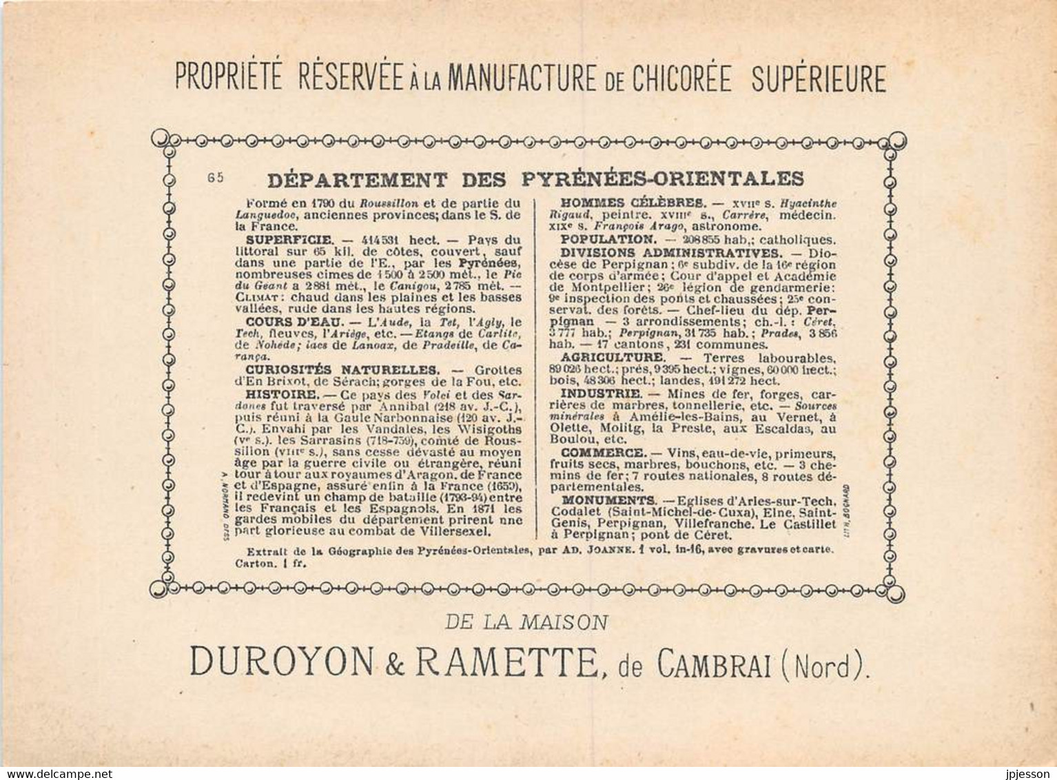 CHROMO - DUROYON & RAMETTE ( CHICOREE - CAMBRAI ) DEPARTEMENT DES  PYRENEES ORIENTALES   FORMAT: 17,8cm Sur12,8cm - Duroyon & Ramette