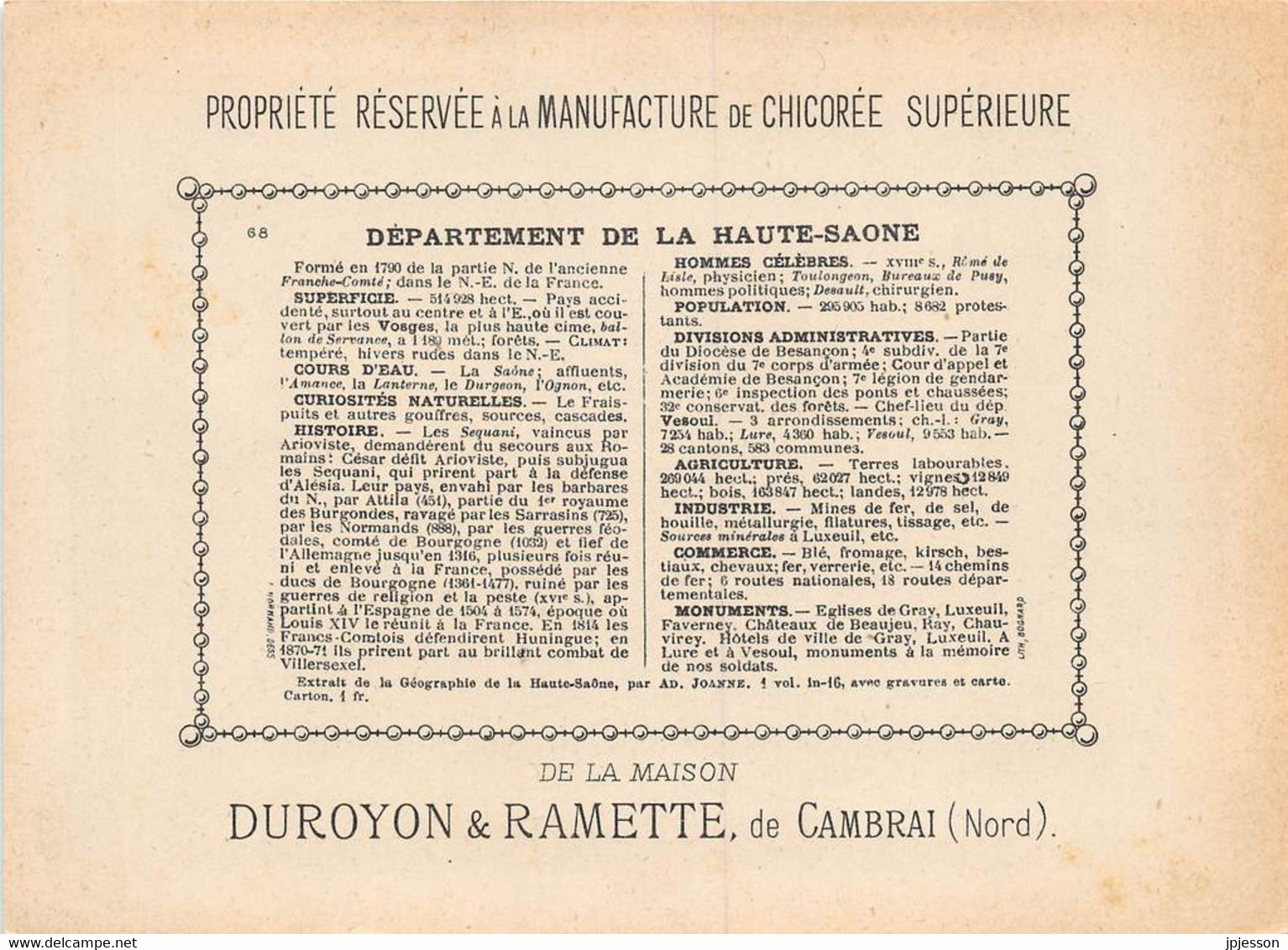 CHROMO - DUROYON & RAMETTE ( CHICOREE - CAMBRAI ) DEPARTEMENT DE HAUTE SAONE   FORMAT: 17,8cm Sur12,8cm - Duroyon & Ramette