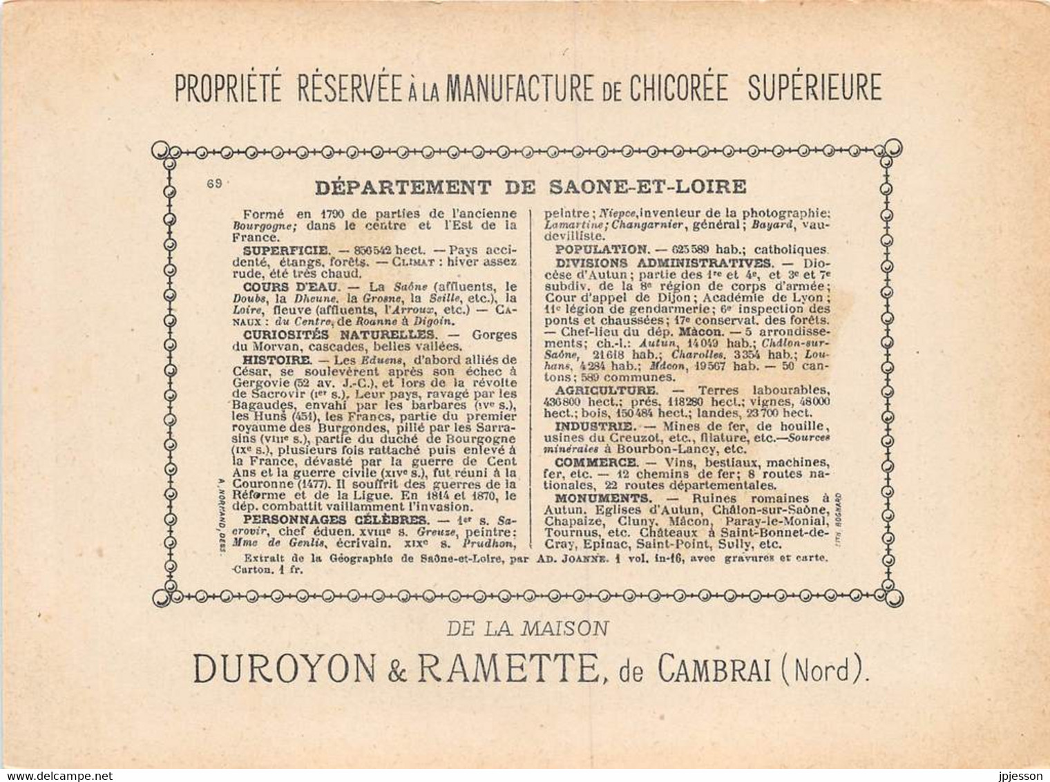 CHROMO - DUROYON & RAMETTE ( CHICOREE - CAMBRAI ) DEPARTEMENT DE  SAONE ET LOIRE   FORMAT: 17,8cm Sur12,8cm - Duroyon & Ramette