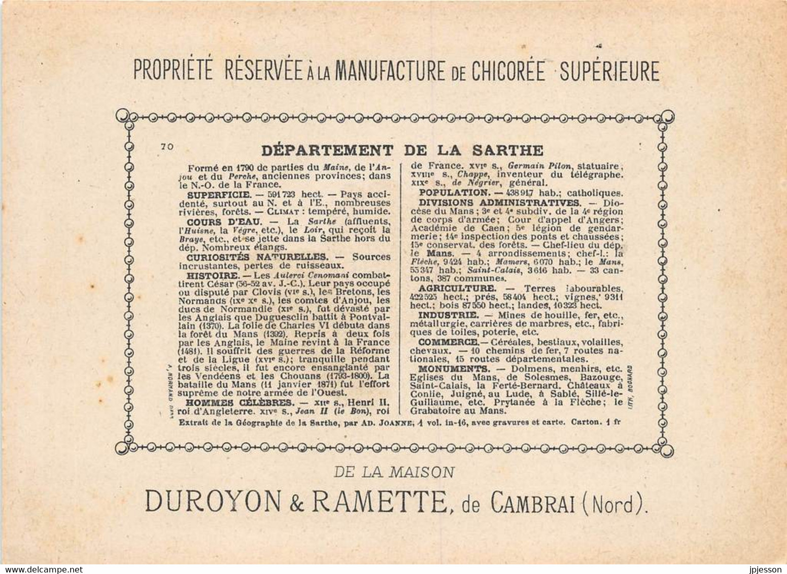 CHROMO - DUROYON & RAMETTE ( CHICOREE - CAMBRAI ) DEPARTEMENT DE  LA SARTHE   FORMAT: 17,8cm Sur12,8cm - Duroyon & Ramette