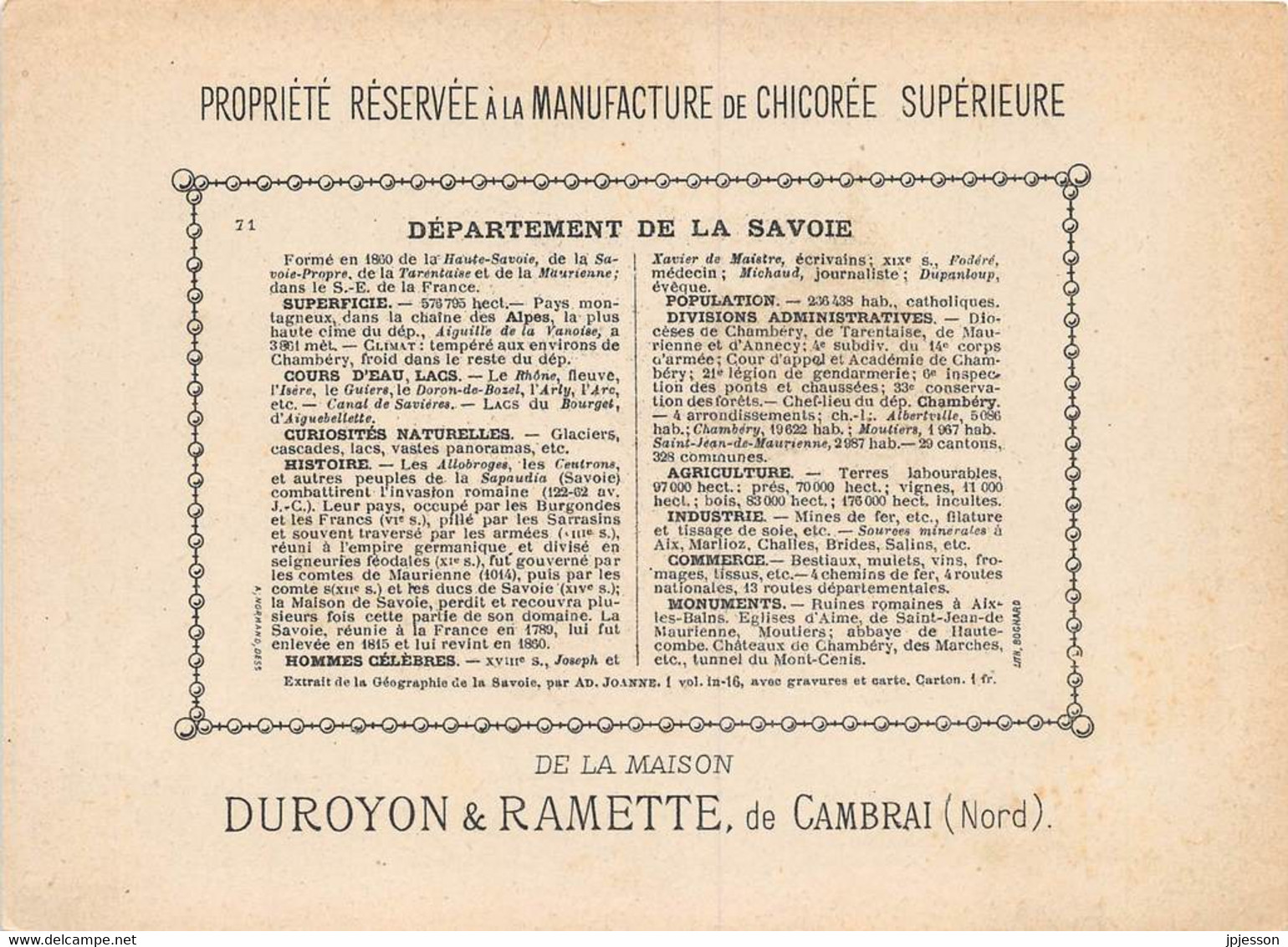 CHROMO - DUROYON & RAMETTE ( CHICOREE - CAMBRAI ) DEPARTEMENT DE LA SAVOIE   FORMAT: 17,8cm Sur12,8cm - Duroyon & Ramette