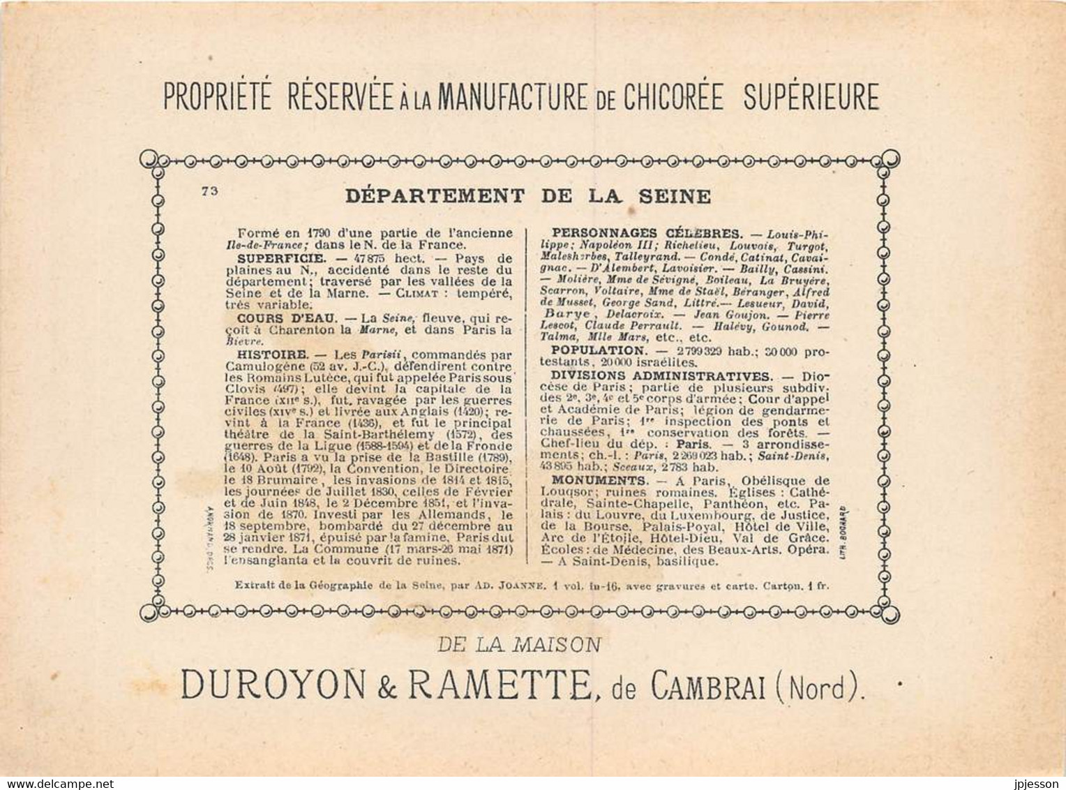 CHROMO - DUROYON & RAMETTE ( CHICOREE - CAMBRAI ) DEPARTEMENT DE LA SEINE   FORMAT: 17,8cm Sur12,8cm - Duroyon & Ramette