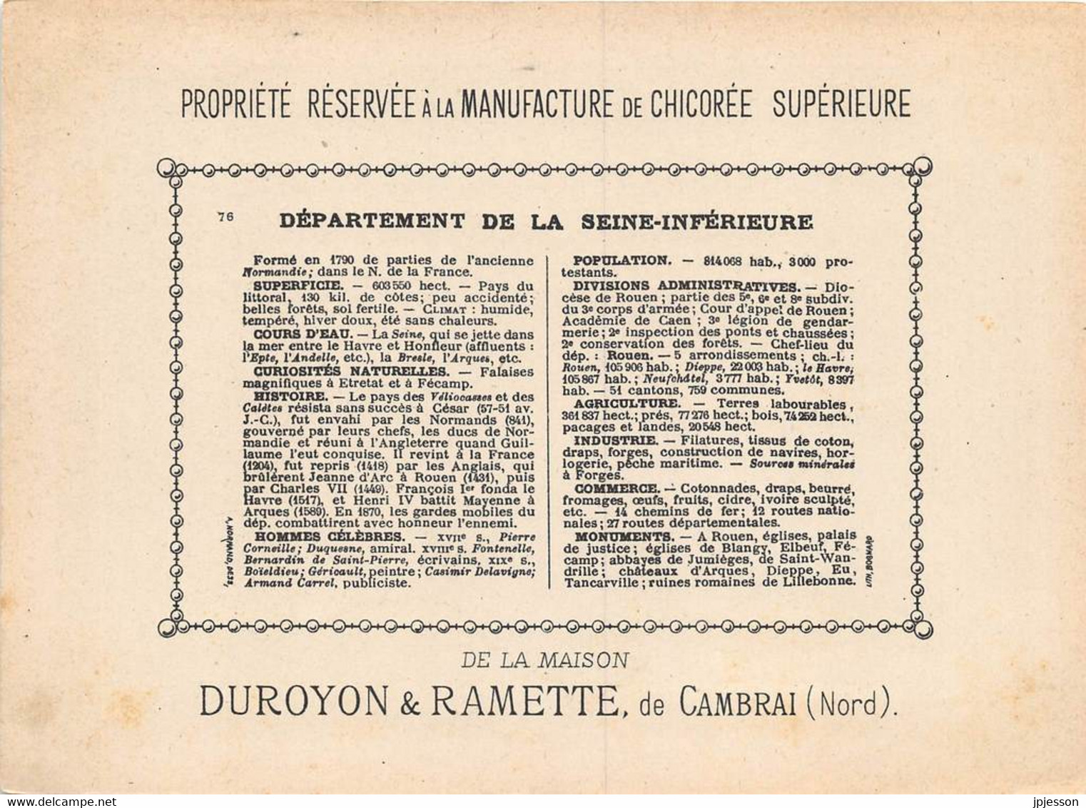 CHROMO - DUROYON & RAMETTE ( CHICOREE - CAMBRAI ) DEPARTEMENT DE SEINE INFERIEURE   FORMAT: 17,8cm Sur12,8cm - Duroyon & Ramette