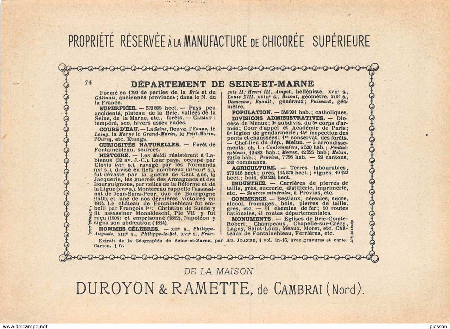 CHROMO - DUROYON & RAMETTE ( CHICOREE - CAMBRAI ) DEPARTEMENT DE LA SEINE ET MARNE   FORMAT: 17,8cm Sur12,8cm - Duroyon & Ramette