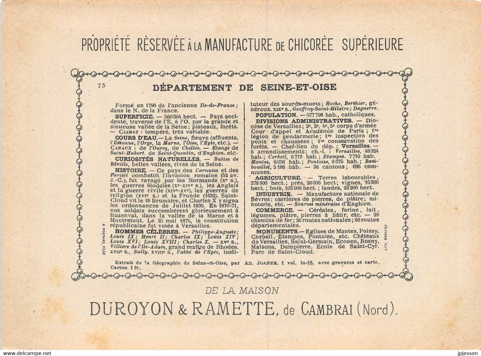 CHROMO - DUROYON & RAMETTE ( CHICOREE - CAMBRAI ) DEPARTEMENT DE SEINE ET OISE   FORMAT: 17,8cm Sur12,8cm - Duroyon & Ramette