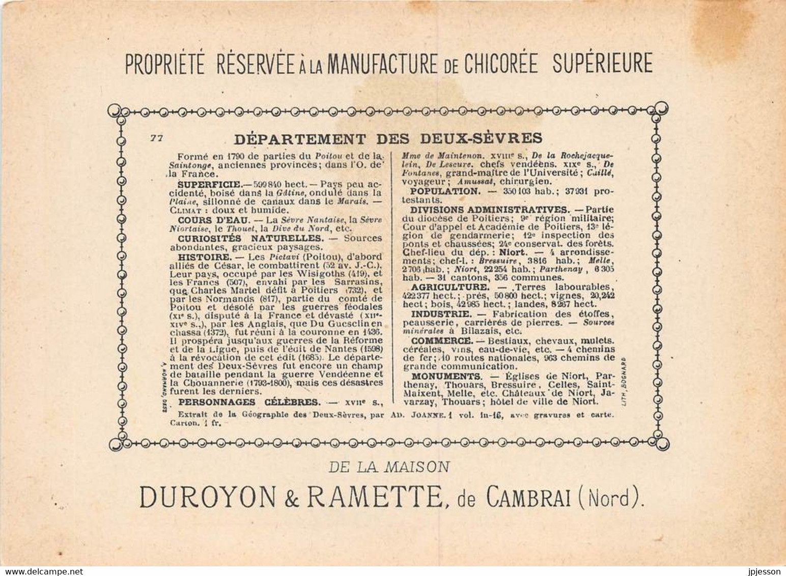 CHROMO - DUROYON & RAMETTE ( CHICOREE - CAMBRAI ) DEPARTEMENT DES DEUX SEVRES   FORMAT: 17,8cm Sur12,8cm - Duroyon & Ramette