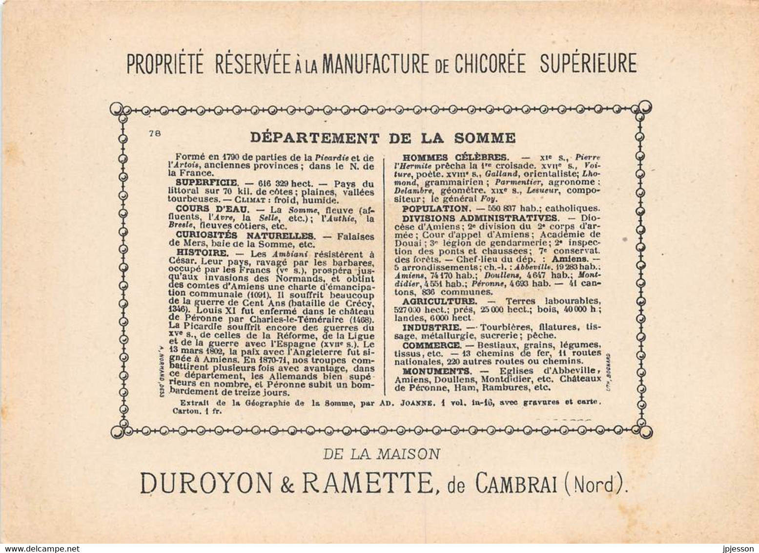 CHROMO - DUROYON & RAMETTE ( CHICOREE - CAMBRAI ) DEPARTEMENT DE LA SOMME   FORMAT: 17,8cm Sur12,8cm - Duroyon & Ramette