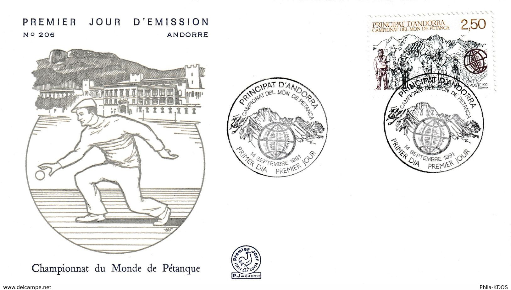 " CHAMPIONNAT DU MONDE DE PETANQUE " Sur Enveloppe 1er Jour D'Andorre De 1991 N° YT 407. Parfait état FDC - Bocce